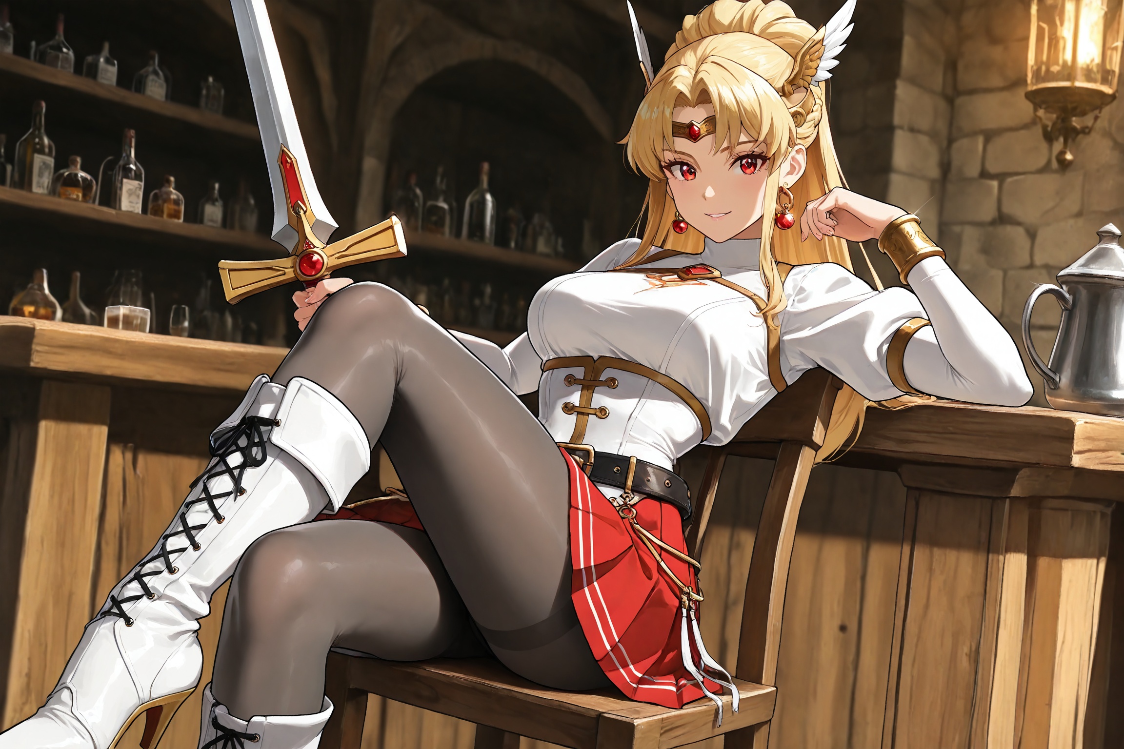 (4K UHD),  : In a fulld body view from the ground point of view,  A beautiful Valkyrie with long blonde hair and striking...