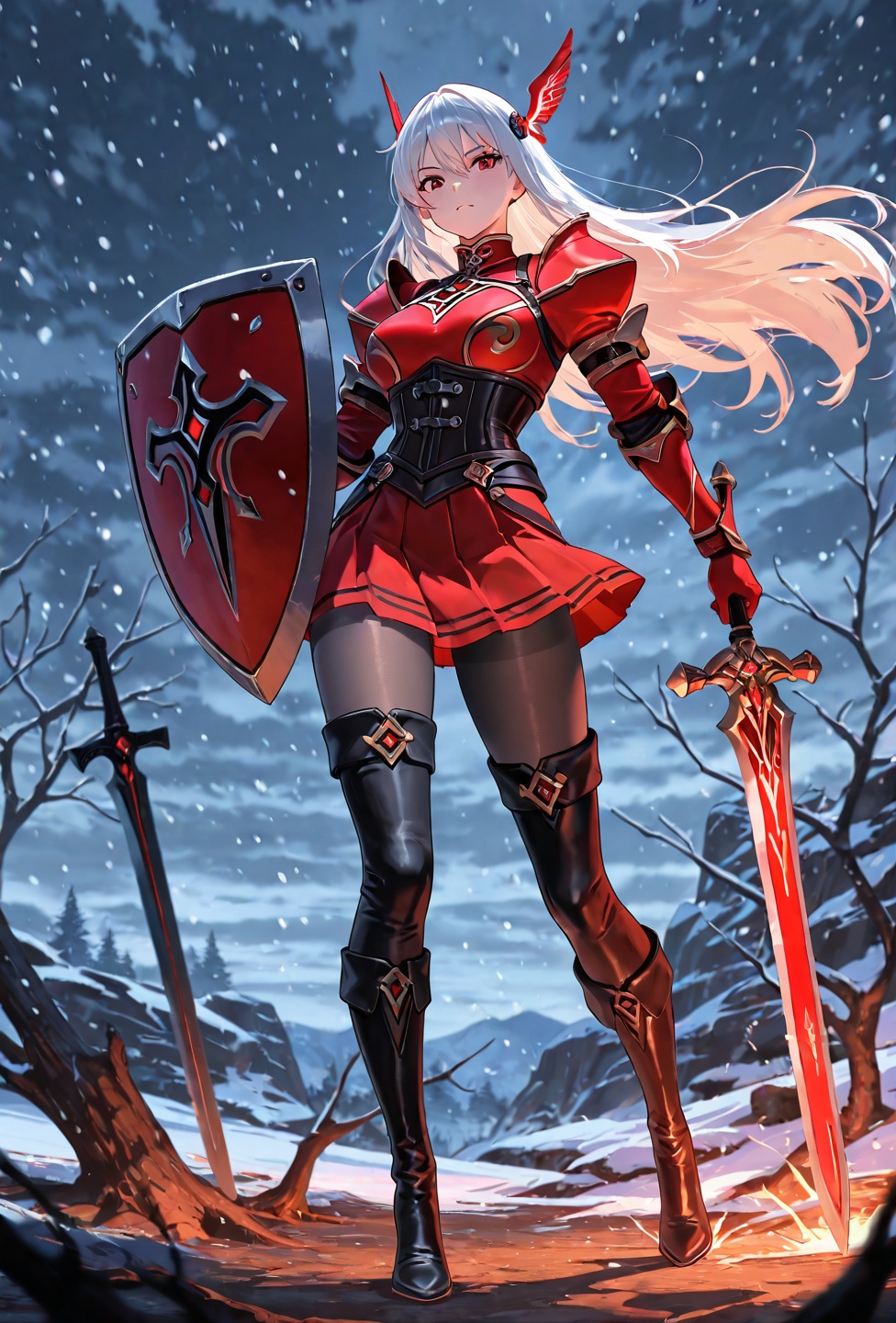 Masterpiece,  Anime Style: A lovely valkyrie in white practices her combat art in the middle of a forested ground area dur...