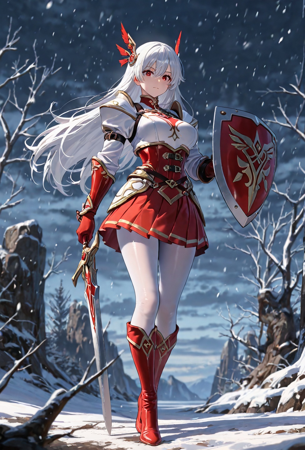 Masterpiece,  Anime Style: A lovely valkyrie in white practices her combat art in the middle of a forested ground area dur...