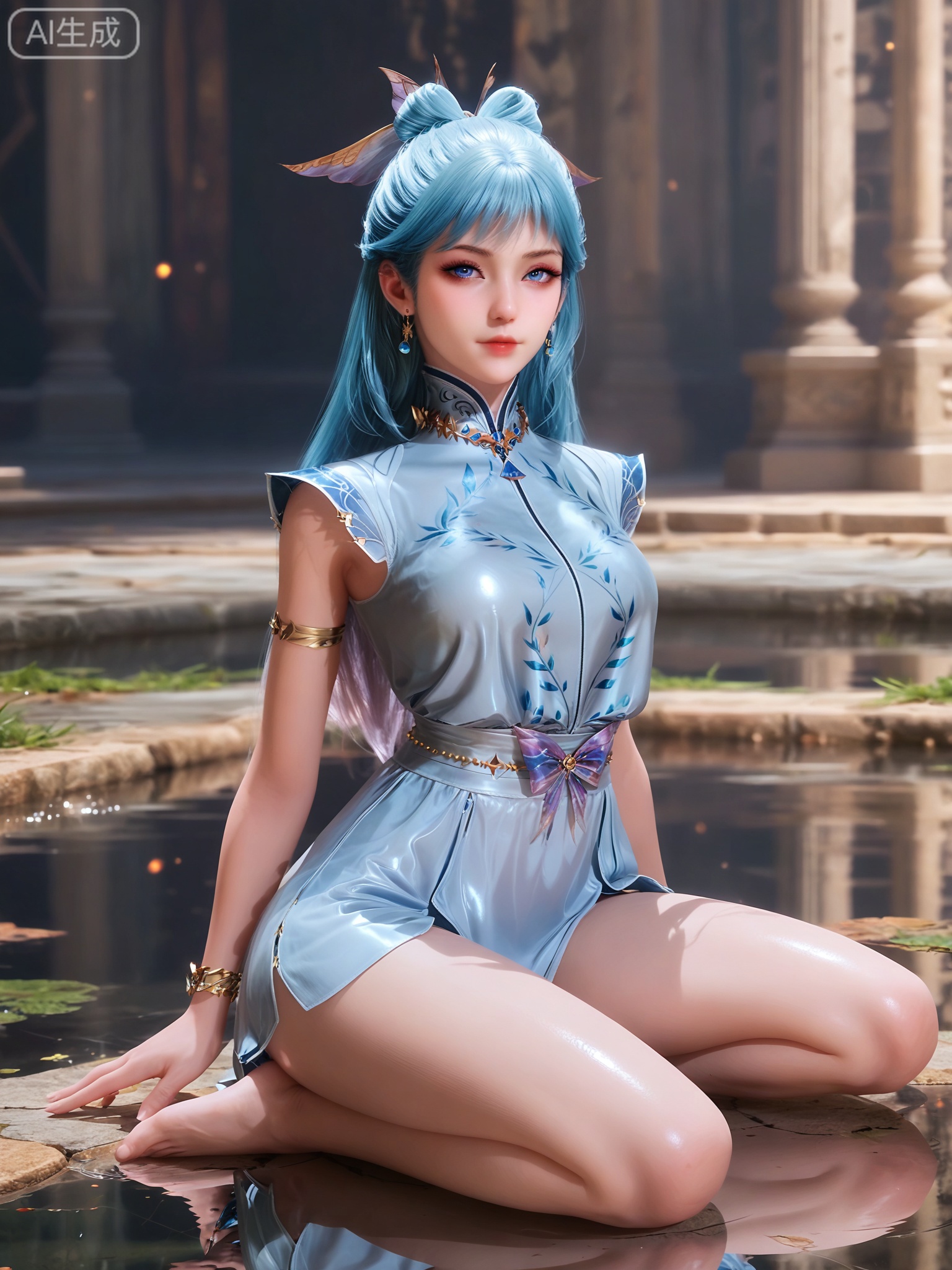 score_9,score_8_up,score_7_up,1girl,solo.looking_at_viewer,realistic,photorealistic,1girl,solo,Vivid Colors,bright environment,shiny skin,shiny hairjewelry,detail eyes,Eyes highlights,extreme detail description,(full body:0.8),light,glowing,sunshine,bright,reflection,bright,sunshine on face,shiny,shinny,petite,thin,leg slimming,lose weight,slim hips,lakeside,delicate water,reflection,sitting_down,bracelet,eyelashes,