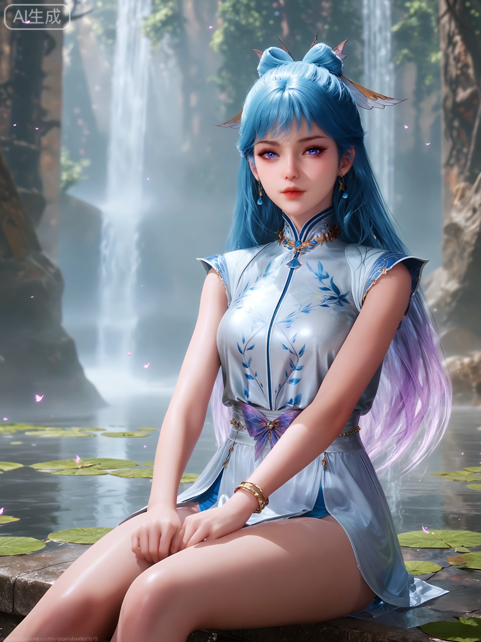 score_9,score_8_up,score_7_up,1girl,solo.looking_at_viewer,realistic,photorealistic,1girl,solo,Vivid Colors,bright environment,shiny skin,shiny hairjewelry,detail eyes,Eyes highlights,extreme detail description,(full body:0.8),light,glowing,sunshine,bright,reflection,bright,sunshine on face,shiny,shinny,petite,thin,leg slimming,lose weight,slim hips,lakeside,delicate water,reflection,sitting_down,bracelet,eyelashes,