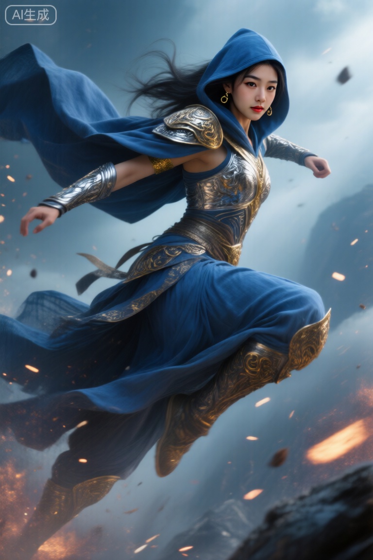这是一幅高度细致的数字艺术作品,描绘了一位凶猛的年轻亚洲女战士在空中飞跃,周围散落着火星。她有着长长的黑发,从蓝色连帽斗篷下飘动出来,斗篷随风剧烈翻卷。她的盔甲是银色的,装饰着精美的金色图案,覆盖肩膀、手臂和胸部,在盔甲下穿着一条蓝色飘逸的裙子。她的表情坚定,目光锐利,红唇微微张开,佩戴着金色耳环和金色臂环。背景是一片朦胧的蓝灰色天空,光束穿透云层,增强了画面动感和充满动作感的氛围。整体风格写实,同时带有幻想元素。