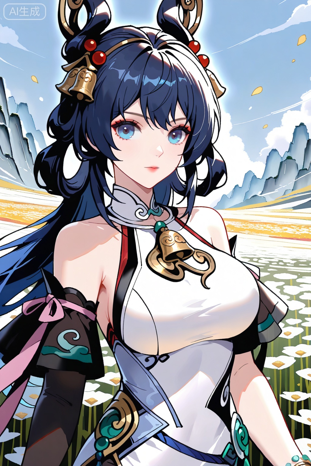 flower field,flower field,



upper body,looking at viewer,

公孙离,masterpiece,best quality,official art,extremely detailed CG unity 8k wallpaper,bell, blue eyes, blue hair, breasts, chinese clothes, dress, hair ornament, long hair, lihenyan,solo,1girl,hair ornament,bare shoulders,jewelry,black hair,hair rings,blue hair,white dress,bracelet,breasts,detached sleeves,