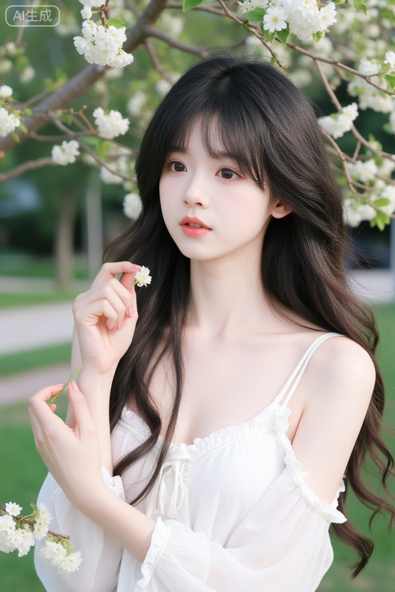 Fujifilm-style portrait:youran,a young woman with long, wavy, dark hair, wearing a white off-shoulder top with ruffled details. She is standing outdoors, with a tree in the background that has small white flowers. The woman is holding a small white flower close to her face, and her expression is gentle and serene. The lighting is soft and natural, suggesting it might be taken during the daytime. The overall atmosphere is peaceful and natural.