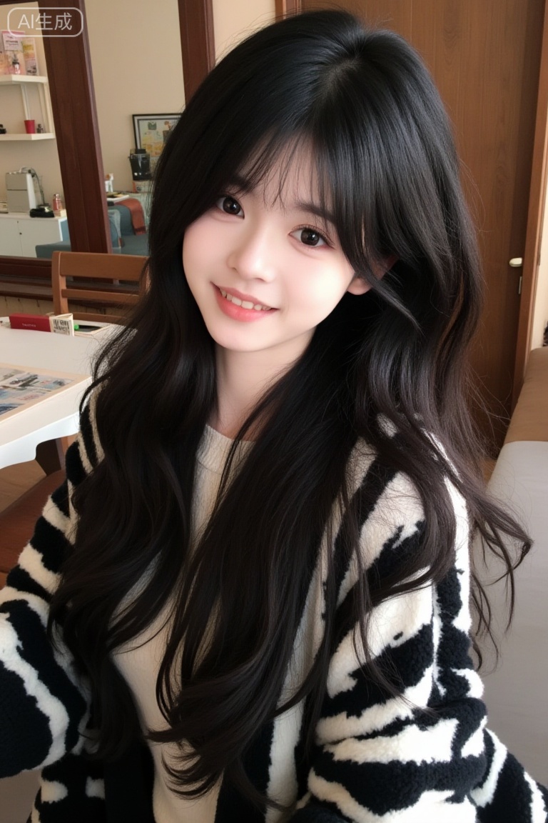 Fujifilm-style portrait:youran,a young woman with long dark wavy hair,wearing a black and white patterned coat,waves at the camera,in a cozy indoor setting,fine film grain,soft light