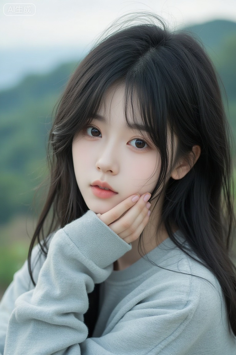 (masterpiece, best quality:1.2)Fujifilm-style portrait:youran,a young woman.Her long black hair frames her contemplative expression, partially covering her face. Soft light illuminates her gentle eyes and slightly parted lips, exuding tranquility. She wears a light gray sweatshirt with subtle texture, resting her head thoughtfully on her arm against a blurred outdoor setting of lush greenery or misty mountains.50 mm f1.4, Kodak Portra 400, soft box key light,Fujicolor, cinematic teal-orange, low contrast