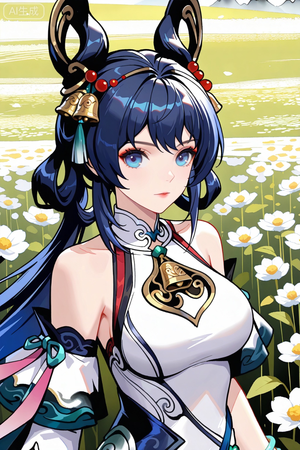 flower field,flower field,



upper body,looking at viewer,

公孙离,masterpiece,best quality,official art,extremely detailed CG unity 8k wallpaper,bell, blue eyes, blue hair, breasts, chinese clothes, dress, hair ornament, long hair, lihenyan,solo,1girl,hair ornament,bare shoulders,jewelry,black hair,hair rings,blue hair,white dress,bracelet,breasts,detached sleeves,