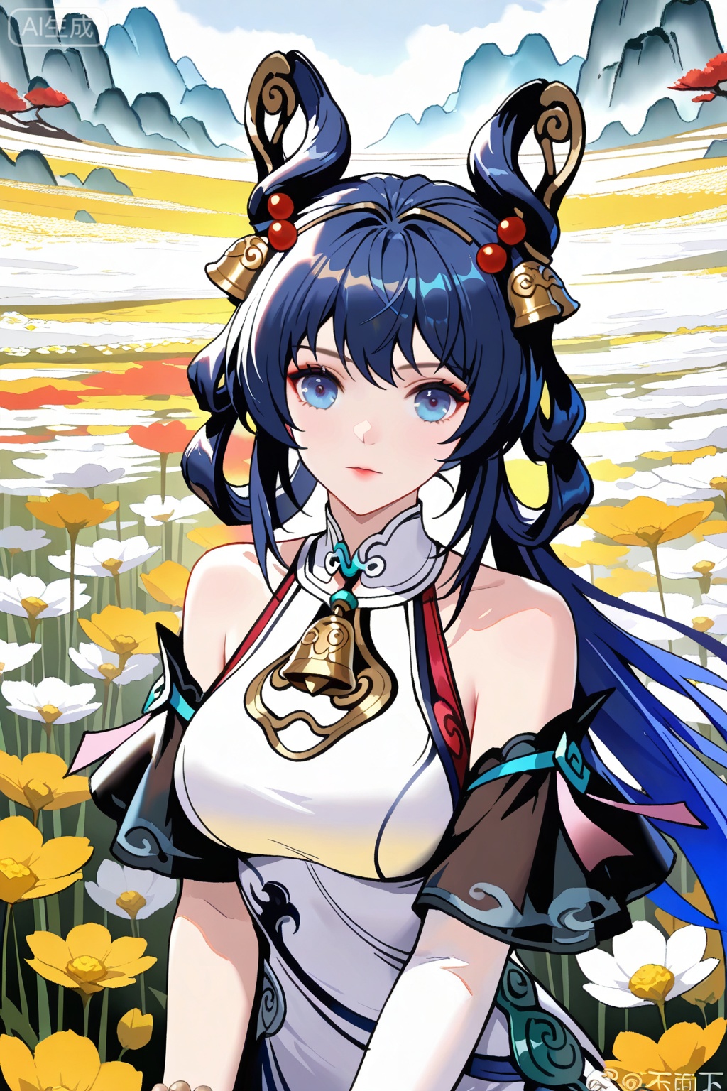 flower field,flower field,



upper body,looking at viewer,

公孙离,masterpiece,best quality,official art,extremely detailed CG unity 8k wallpaper,bell, blue eyes, blue hair, breasts, chinese clothes, dress, hair ornament, long hair, lihenyan,solo,1girl,hair ornament,bare shoulders,jewelry,black hair,hair rings,blue hair,white dress,bracelet,breasts,detached sleeves,