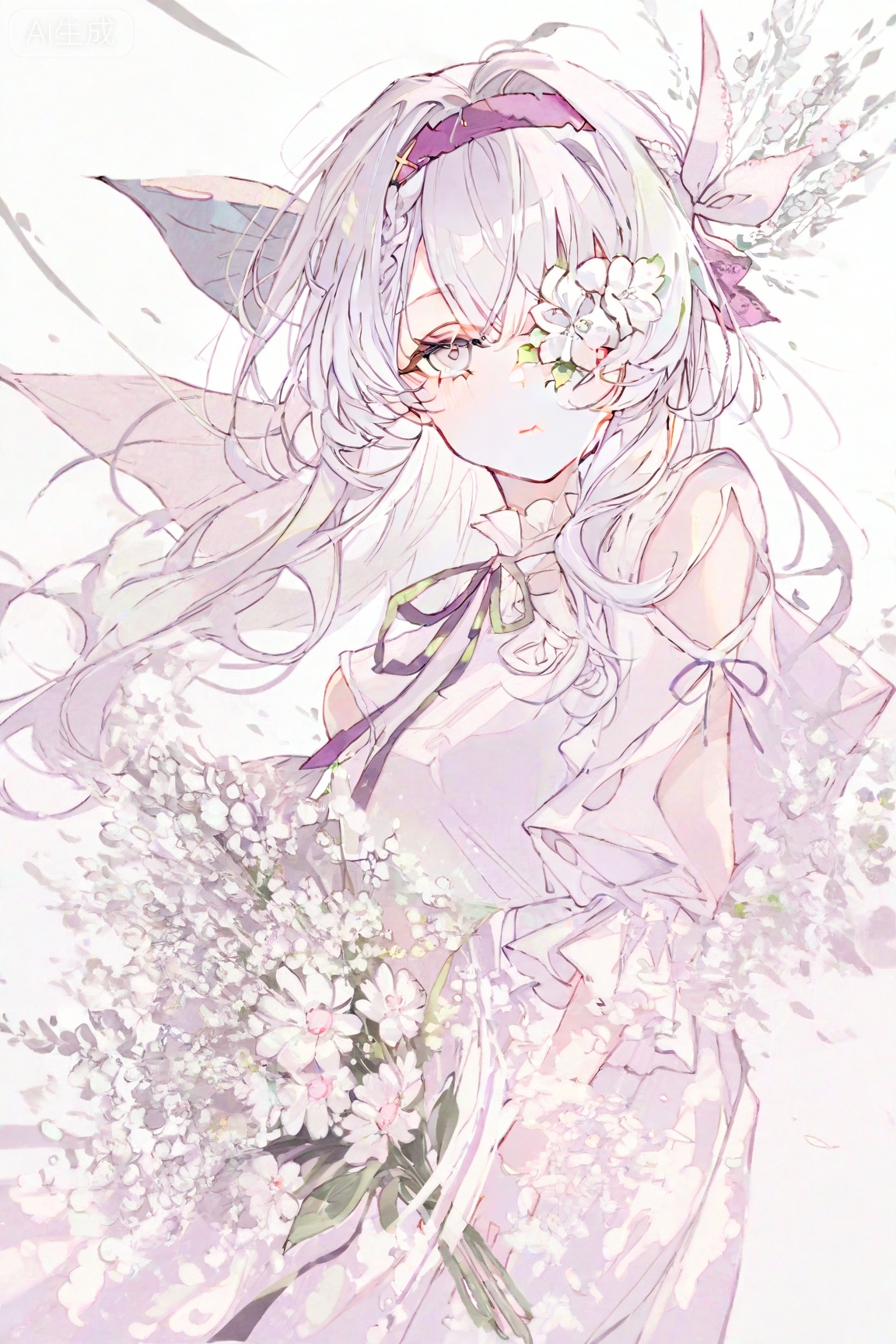 shinoa, 1girl, solo, bouquet, flower, holding bouquet, white flower, holding, dress, grey eyes, white hair, braid, white background, looking at viewer, long hair, white dress, shoulder cutout, one eye covered, ribbon, white eyes, upper body, hairband, simple background, closed mouth