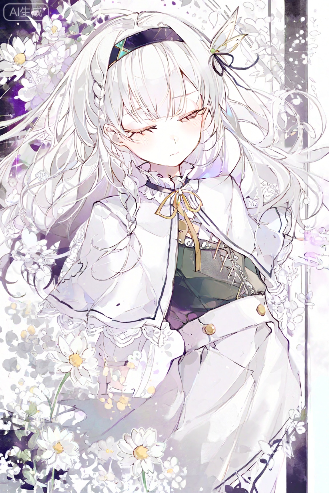 1girl, flower, solo, closed eyes, capelet, hairband, white flower, long hair, white capelet, ribbon, black ribbon, white hair, braid, skirt, neck ribbon, closed mouth, black hairband, black shirt, shirt, hair ornament, white skirt