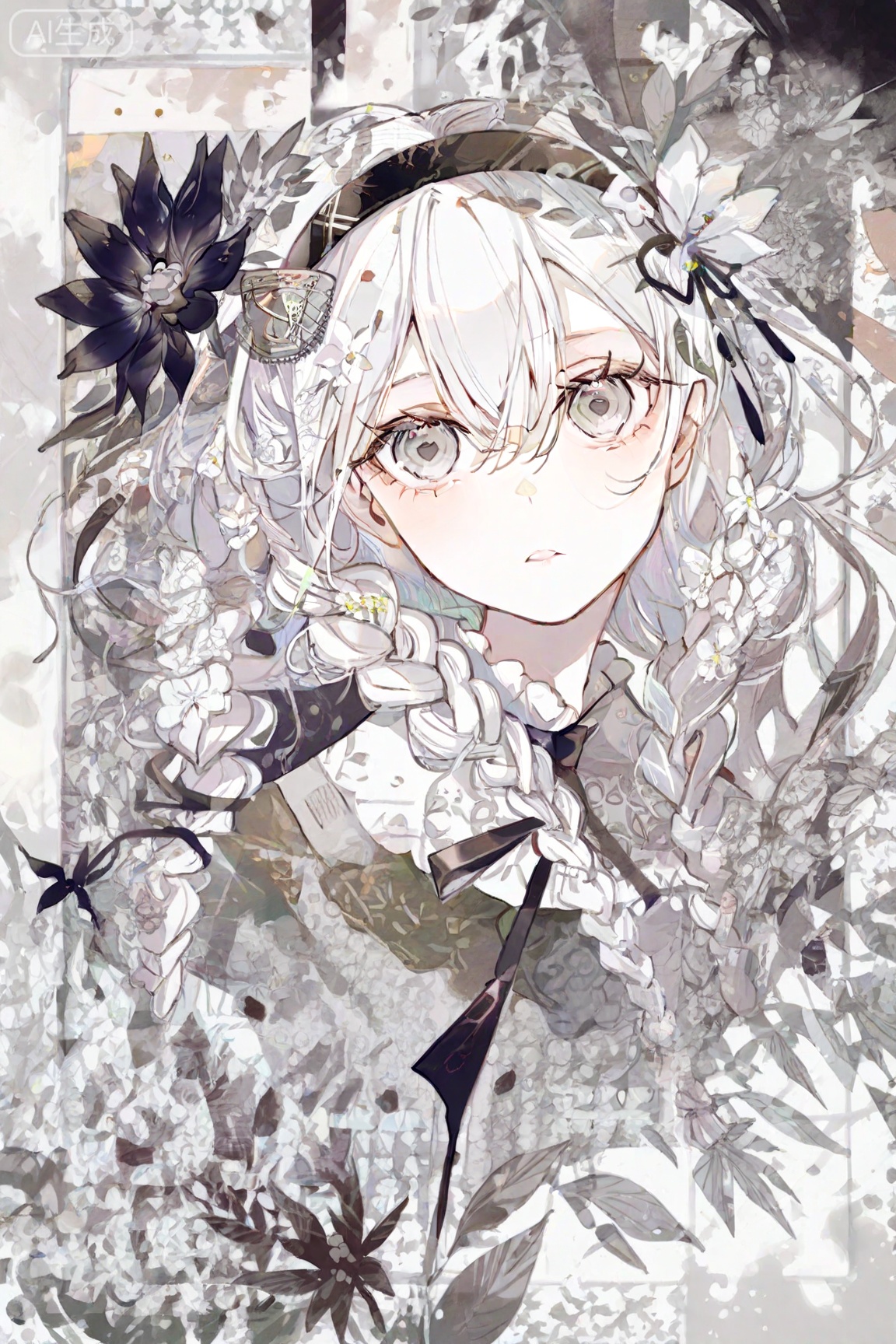 1girl, solo, flower, hair flower, ribbon, hair ornament, hair ribbon, looking at viewer, white hair, braid, black flower, parted lips, grey eyes, long hair, twin braids, upper body, black ribbon, hairband, hair between eyes