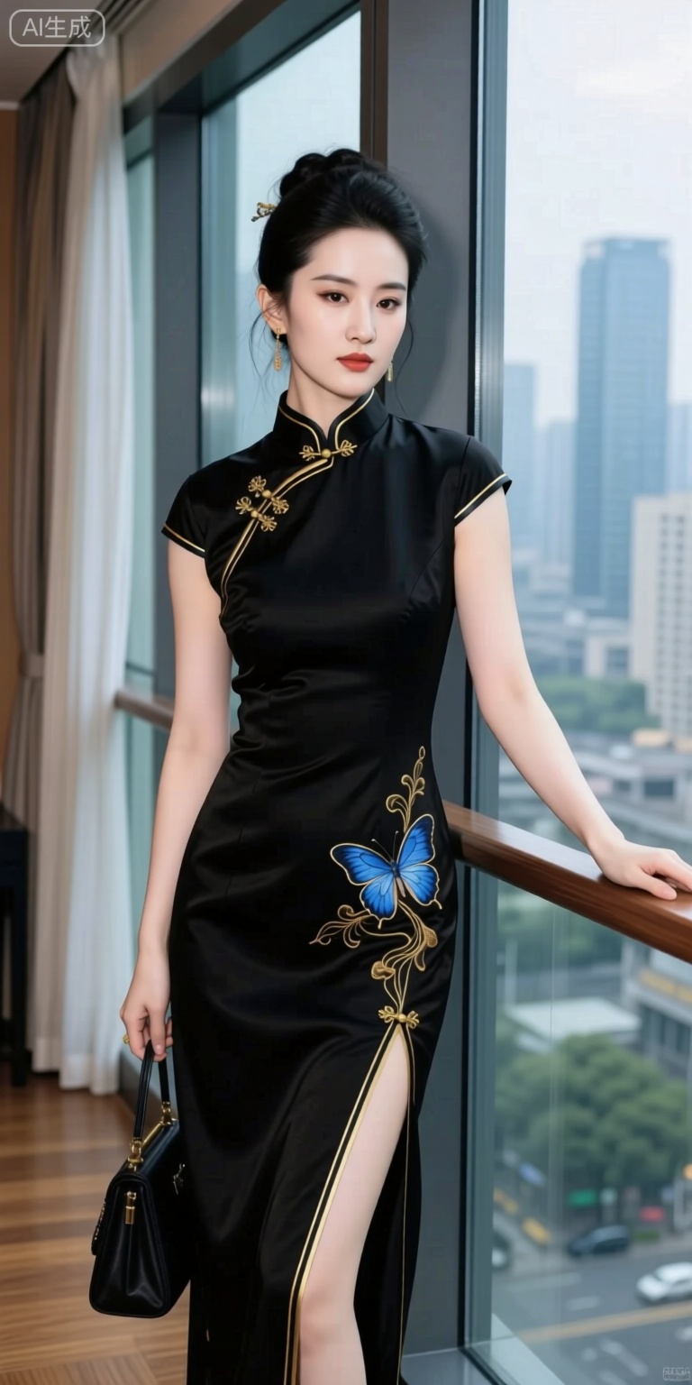 Create a scene where a woman in a black modified cheongsam stands out, her attire adorned with golden line decorations and blue butterfly embroidery. This ensemble exudes an elegant and sexy, ancient yet fashionable vibe. The black fabric conveys mystery and dignity, while the gold threads add exquisiteness and gorgeousness. The blue butterfly embroidery brings agility and national charm.

Set this scene in a modern environment featuring glass curtain walls, wooden floors, and urban backgrounds. These elements create a fashionable and urban interior scene, making the black cheongsam more prominent. The character leans against the glass guardrail in the center of the picture, with an elegant posture. She lightly fits the guardrail with one hand and holds a bag in the other, showcasing the overall design and ancient style of the cheongsam, particularly its neckline, butterfly embroidery, and slit details.

The modern urban elements in the background, such as glass walls and city landscapes, highlight the fashionable atmosphere. The composition emphasizes the fusion of elegance and sexiness, interpreting the aesthetics of the "new Chinese-style improved cheongsam." This scene is perfect for sharing Chinese style outfits, fashionable life displays, and conveying the unique charm of new Chinese women.

The neckline of the modified black cheongsam is unique, adding to its sexy and fashionable allure. Golden lines outline the exquisiteness, while blue butterfly embroidery conveys the charm of the Chinese style. The slit tailoring enhances agility. These details together create an elegant and sexy new Chinese dressing scene, conveying the pursuit of integrating Chinese style fashion and modern aesthetics.

The modern glass curtain wall, wooden floor, and urban background create a fashionable and urban atmosphere. They echo the new Chinese style improved cheongsam style, conveying the pursuit of fashionable life and its own charm. The scene is adapted for national style gatherings, fashion events, and other occasions.

The urban indoor environment, elegant posture, and unique outfit convey an ancient and fashionable atmosphere. They echo the style of the new Chinese style improved cheongsam, conveying a positive attitude of enjoying the fashion of the Chinese style and showing unique charm. The entire scene is full of fashion appeal and national style warmth, showcasing the unique charm of the new Chinese style improved cheongsam.