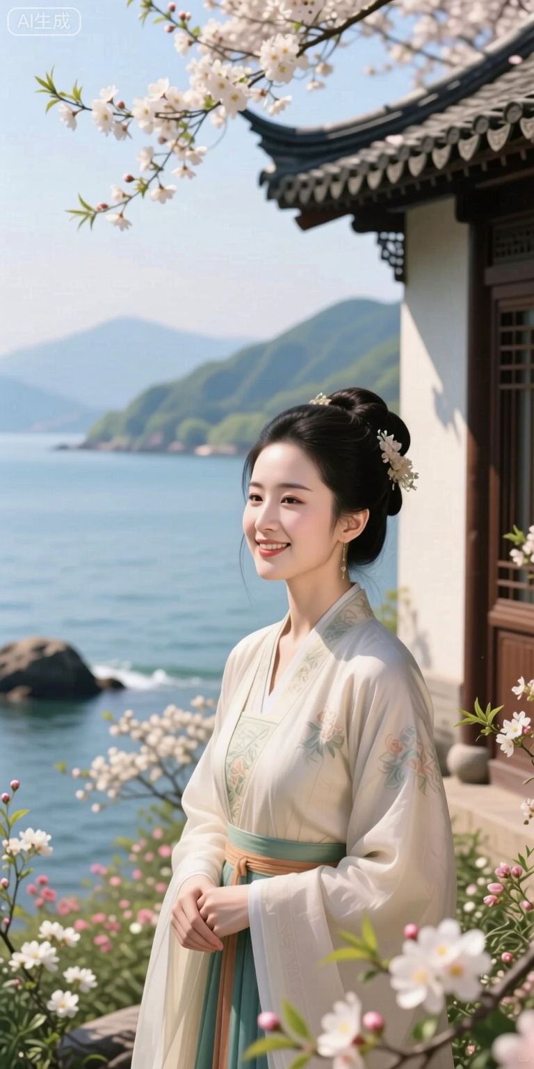  create a portrait of a serene figure, photorealistically rendered with amazing quality and high resolution. The image showcases stunning color and radiant tones, with best lighting and shadow techniques to highlight the subject's features. The illustration is ultra-detailed and incredibly delicate, capturing the essence of ancient Chinese style.

Starting from tomorrow, the figure exudes happiness and contentment. They stand in front of a house, facing the sea, where spring warmth and blooming flowers fill the environment. The flash of happiness they experienced will be shared with the world, spreading joy and positivity. Each river and mountain around them is given a warm, affectionate name.

Strangers, the figure blesses, wishing for a bright future and true love for all. May everyone find happiness in the mortal world. The overall atmosphere is one of warmth, hope, and tranquility, reflecting the ancient Chinese aesthetic and style.