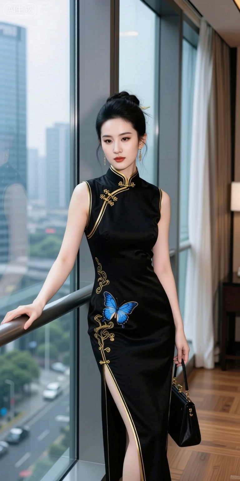 Create a scene where a woman in a black modified cheongsam stands out, her attire adorned with golden line decorations and blue butterfly embroidery. This ensemble exudes an elegant and sexy, ancient yet fashionable vibe. The black fabric conveys mystery and dignity, while the gold threads add exquisiteness and gorgeousness. The blue butterfly embroidery brings agility and national charm.

Set this scene in a modern environment featuring glass curtain walls, wooden floors, and urban backgrounds. These elements create a fashionable and urban interior scene, making the black cheongsam more prominent. The character leans against the glass guardrail in the center of the picture, with an elegant posture. She lightly fits the guardrail with one hand and holds a bag in the other, showcasing the overall design and ancient style of the cheongsam, particularly its neckline, butterfly embroidery, and slit details.

The modern urban elements in the background, such as glass walls and city landscapes, highlight the fashionable atmosphere. The composition emphasizes the fusion of elegance and sexiness, interpreting the aesthetics of the "new Chinese-style improved cheongsam." This scene is perfect for sharing Chinese style outfits, fashionable life displays, and conveying the unique charm of new Chinese women.

The neckline of the modified black cheongsam is unique, adding to its sexy and fashionable allure. Golden lines outline the exquisiteness, while blue butterfly embroidery conveys the charm of the Chinese style. The slit tailoring enhances agility. These details together create an elegant and sexy new Chinese dressing scene, conveying the pursuit of integrating Chinese style fashion and modern aesthetics.

The modern glass curtain wall, wooden floor, and urban background create a fashionable and urban atmosphere. They echo the new Chinese style improved cheongsam style, conveying the pursuit of fashionable life and its own charm. The scene is adapted for national style gatherings, fashion events, and other occasions.

The urban indoor environment, elegant posture, and unique outfit convey an ancient and fashionable atmosphere. They echo the style of the new Chinese style improved cheongsam, conveying a positive attitude of enjoying the fashion of the Chinese style and showing unique charm. The entire scene is full of fashion appeal and national style warmth, showcasing the unique charm of the new Chinese style improved cheongsam.