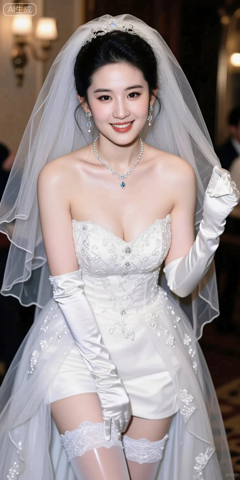 Create an HD, 8K image of an 8K, 1girl dressed in a wedding dress with a veil, featuring white and plump super breasts that are subtly leaking from her chest, bare shoulders, and white gloves. She has black hair, jewelry, and earrings, with a bridal veil and elbow gloves. The girl is standing solo, with a mischievous smile, looking directly at the viewer. Her outfit is detailed and realistic, with a perfect body and best quality lighting. The scene is set in a perfect environment with sharp focus, intricate details, and best lighting, depth of field, and ultra high resolution. Use a cowboy shot with a dynamic pose and angle, showing waist pantyhose and shiny pantyhose. Ensure the illustration has fine details, realistic skin, and best quality lighting, depth of field, and ultra high resolution. The overall aesthetic should evoke a sense of intrigue and allure, capturing the essence of a mischievous yet enchanting bride.