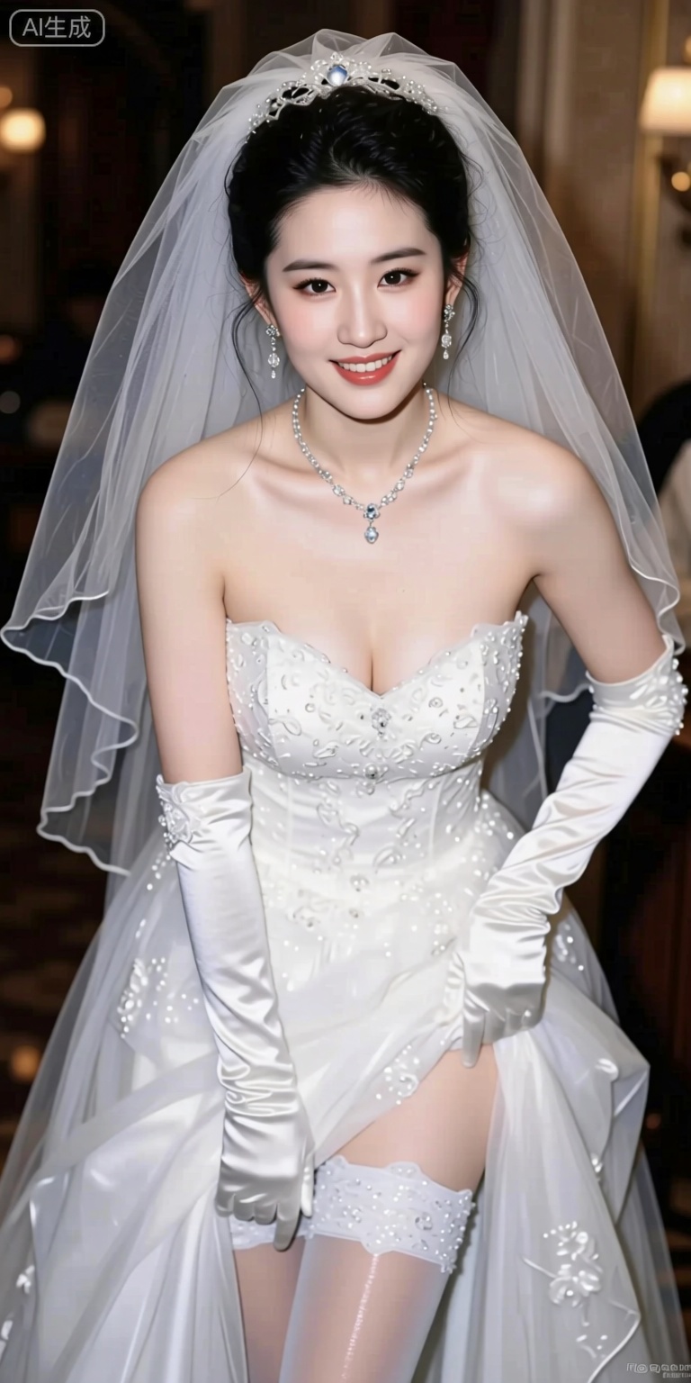 Create an HD, 8K image of an 8K, 1girl dressed in a wedding dress with a veil, featuring white and plump super breasts that are subtly leaking from her chest, bare shoulders, and white gloves. She has black hair, jewelry, and earrings, with a bridal veil and elbow gloves. The girl is standing solo, with a mischievous smile, looking directly at the viewer. Her outfit is detailed and realistic, with a perfect body and best quality lighting. The scene is set in a perfect environment with sharp focus, intricate details, and best lighting, depth of field, and ultra high resolution. Use a cowboy shot with a dynamic pose and angle, showing waist pantyhose and shiny pantyhose. Ensure the illustration has fine details, realistic skin, and best quality lighting, depth of field, and ultra high resolution. The overall aesthetic should evoke a sense of intrigue and allure, capturing the essence of a mischievous yet enchanting bride.