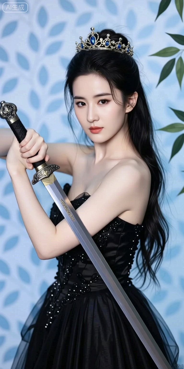 Create an image of an Asian woman in a black dress, adorned with a crown on her head, holding a sword in her right hand. Her long hair cascades over her right shoulder, adding a touch of beauty to the scene. Set the backdrop to a light blue with a pattern of leaves on the left side. Capture the intricate details using a Canon EOS R6 Mark II, 35mm f/8 lens. Ensure the composition highlights the elegance and power of the woman, with a focus on the intricate details of her attire and the subtle leaf pattern in the background.