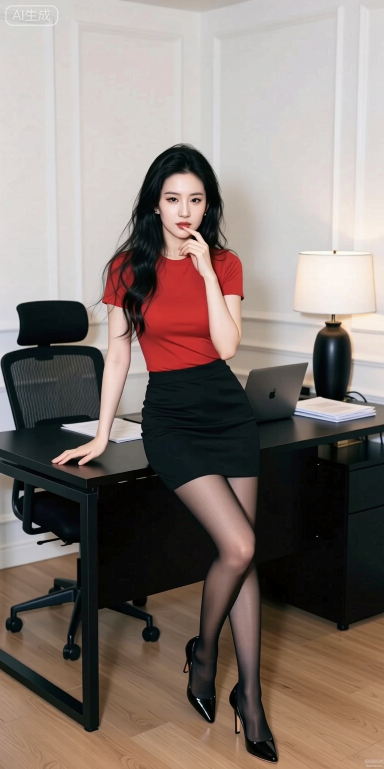 This is a high-resolution photo depicting an Asian woman posing seductively in an office setting. Her skin is fair and delicate, with long black curly hair cascading over her shoulders like a waterfall. She wears a form-fitting red T-shirt, paired with a slim black skirt that accentuates her slender legs, along with pure black pantyhose and black high heels. Leaning slightly against a black table, she places her right hand on the table edge while her left hand rests near her face, with the index finger gently touching her lips. Her expression exudes both charm and confidence. The background features a refined office interior: light wood flooring and white wall paneling. A black office chair with a mesh backrest and armrests sits on the left side of the image. On the table, a modern black table lamp with a white lampshade casts warm light, accompanied by a laptop and several documents. The overall environment is modern and elegant..photo taken with a Canon EOS R6 Mark II Mirrorless camera in the style of 35mm f/8 aperture, intricate details.dlrb,hsw,wet,water,large natural breast,soft breasts,zlyhuge Breasts