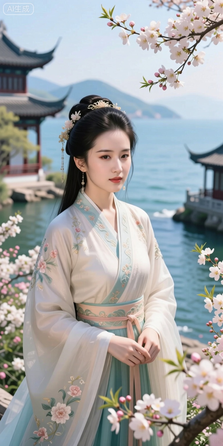 by arutera, portrait, photorealistic,amazing quality,highres, stunning color, radiant tones, best lighting and shadow, ultra-detailed, amazing illustration, an extremely delicate and beautiful,(score_9,score_8_up,score_7_up,score_6_up,score_5_up), ancient chinese style, Starting from tomorrow, be a happy person. I have a house, facing the sea, with spring warmth and blooming flowers. From tomorrow, What the flash of happiness told me,I will tell everyone. Give each river and each mountain a warm name. Strangers, I also bless you. May you have a bright future. May you and your lover end up together. May you find happiness in the mortal world. I only wish to face the sea, with spring warmth and blooming flowers.

