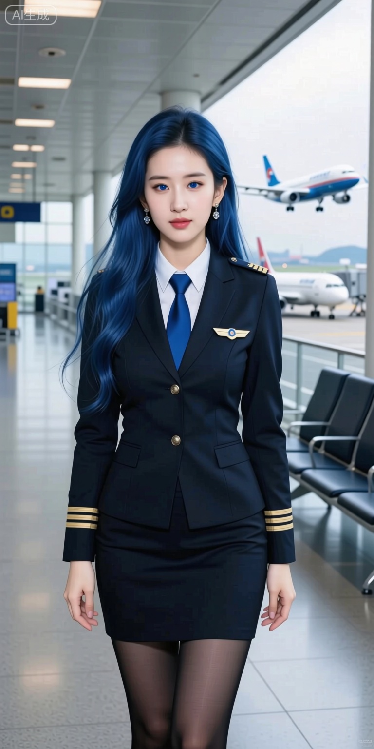 Create an 8K photorealistic image of a South Korea fashi-girl in a flight attendant uniform, standing with perfect front lighting. Her blue, very long hair flows gracefully, and she has large breasts, a slim body, and striking blue eyes. She wears black pantyhose and looks directly at the viewer, with her detailed face and earrings prominently highlighted. In the background, an empty terminal hall with planes taking off in the distance, enhancing the realism through atmospheric perspective.