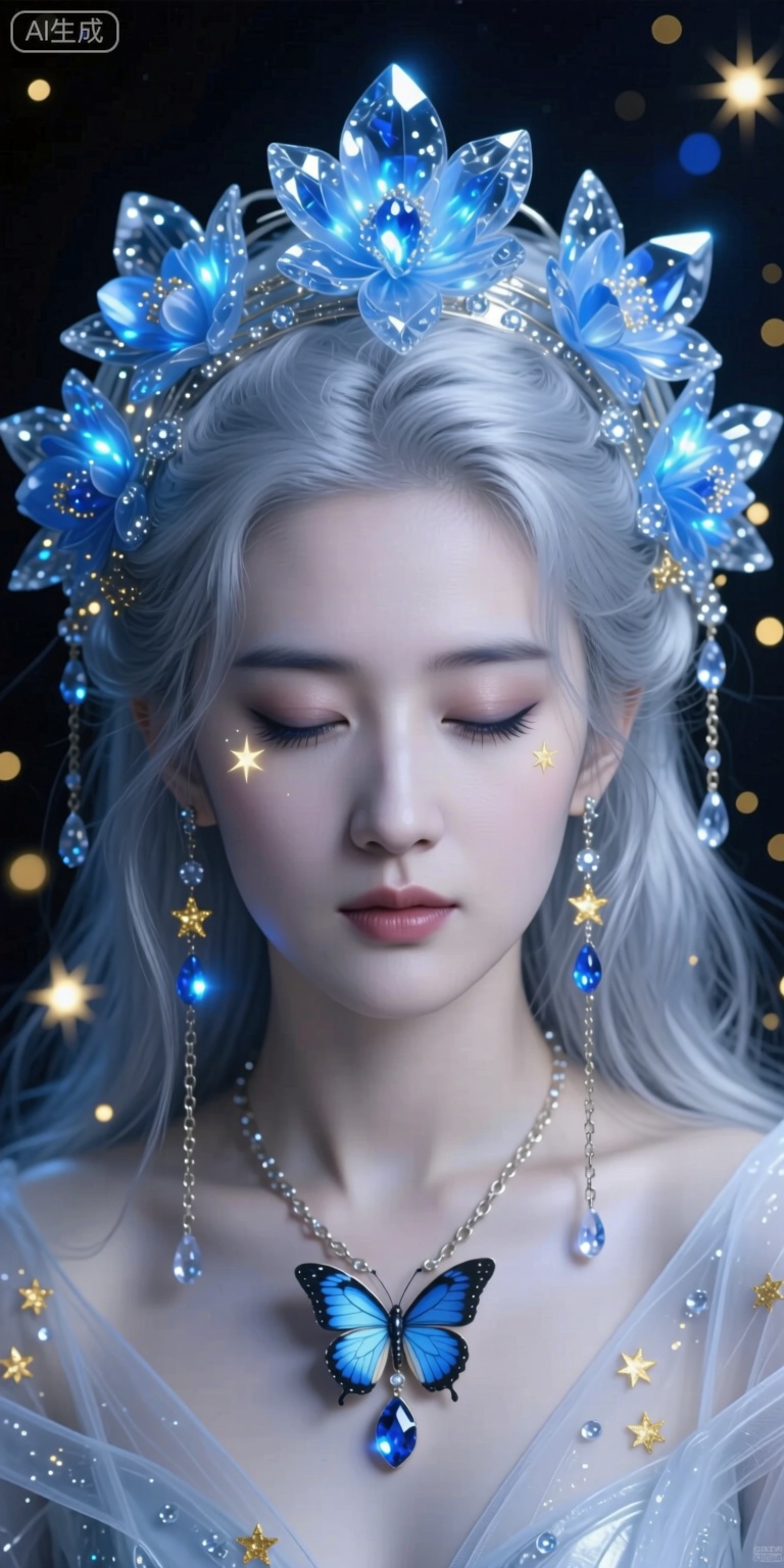 A futuristic,A silver-haired woman stood still with her eyes closed. Her face was as cold as snow, and her eyeshadow shone with a starry light, dotted with blue and golden stars, as if the universe's stars were flowing in her eyes. Her eyelashes were long and curly, and her eyes were deep and mysterious. She wore a magnificent headpiece decorated with blue luminous flowers and crystals. The petals were layered upon each other, as if carved by ice crystals. Fine chains hung from her hair, studded with water droplets A luminous sapphire, gently swaying in the wind, with a transparent gossamer draped over the shoulders, and a butterfly-shaped pendant set at the collar that glimmers faintly. The background is dark, highlighting the figure's radiance and mystery. Glowing golden particles, Magical Fantasy style