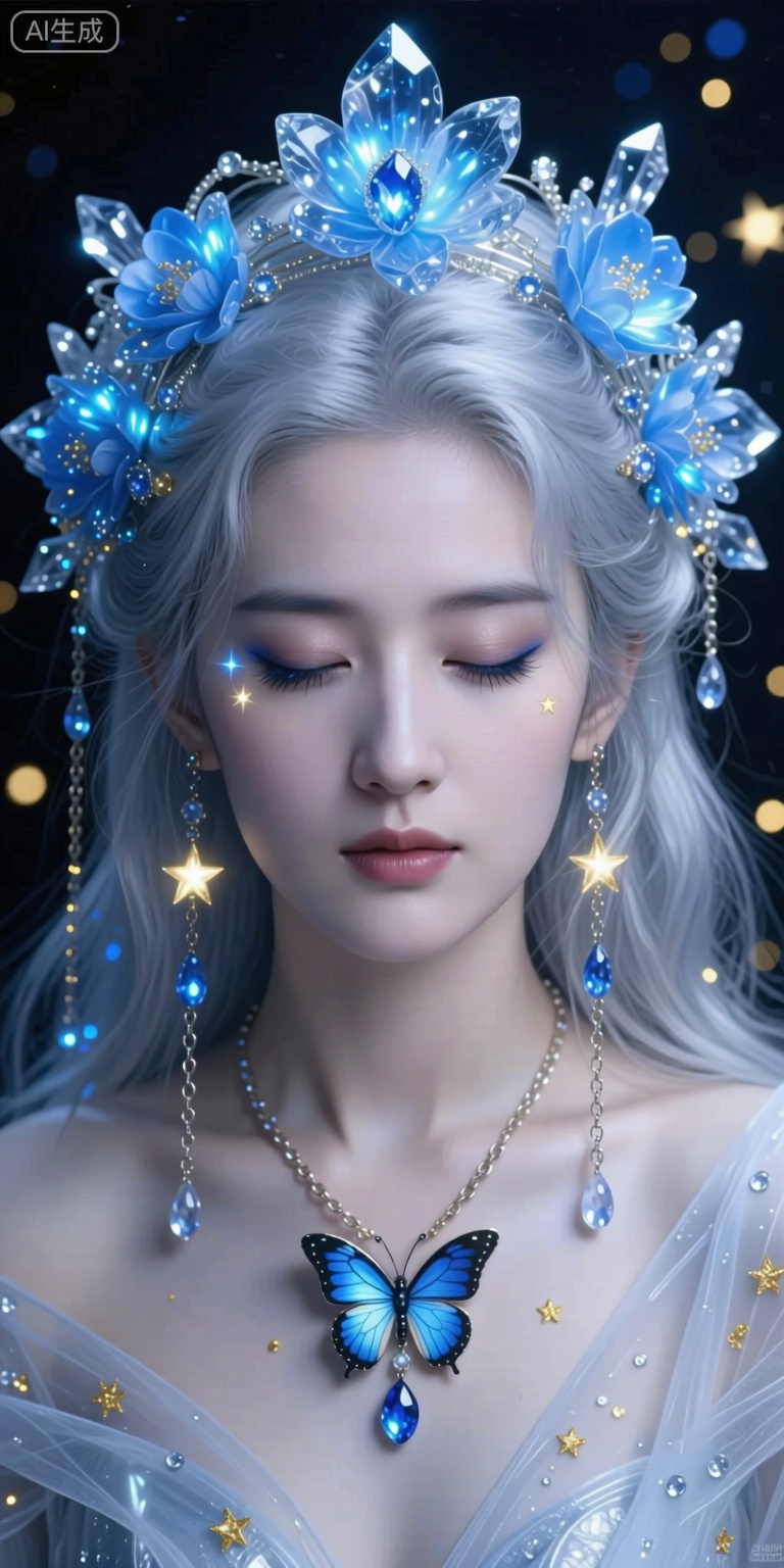 A futuristic,A silver-haired woman stood still with her eyes closed. Her face was as cold as snow, and her eyeshadow shone with a starry light, dotted with blue and golden stars, as if the universe's stars were flowing in her eyes. Her eyelashes were long and curly, and her eyes were deep and mysterious. She wore a magnificent headpiece decorated with blue luminous flowers and crystals. The petals were layered upon each other, as if carved by ice crystals. Fine chains hung from her hair, studded with water droplets A luminous sapphire, gently swaying in the wind, with a transparent gossamer draped over the shoulders, and a butterfly-shaped pendant set at the collar that glimmers faintly. The background is dark, highlighting the figure's radiance and mystery. Glowing golden particles, Magical Fantasy style