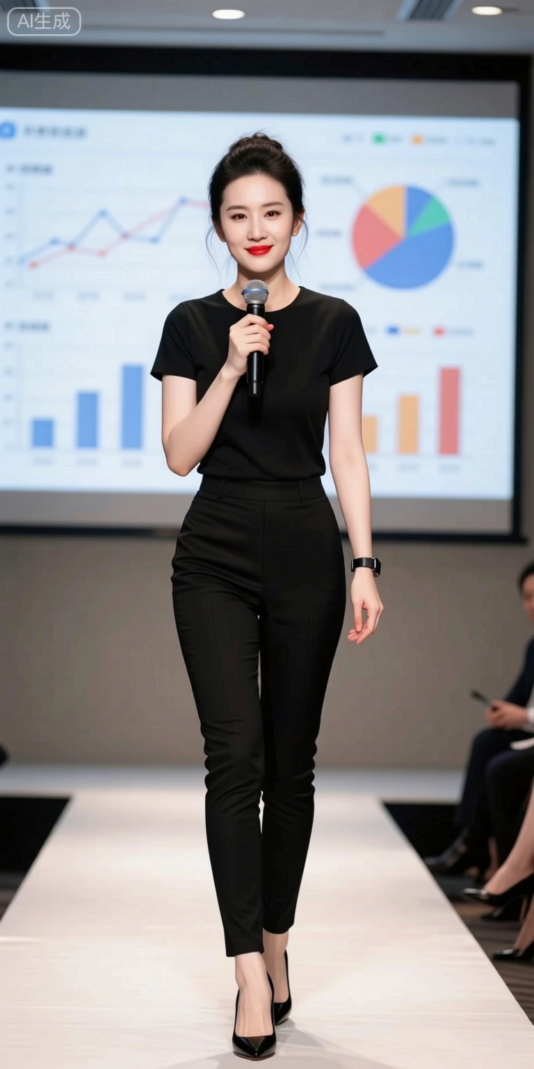 A woman is giving a lecture or sharing on the catwalk. She is wearing a black short - sleeved top with a smartwatch on her right hand, paired with black tight pants and black high heels. She holds a microphone with an elegant and confident gesture. She has a slender waist and long legs, looking neat and capable. On the projection screen behind her are data graph images. It's a formal occasion such as a business meeting, training lecture or work report. She has delicate makeup, bright red lipstick, excellent skin texture, gentle eyes, and a brilliant smile, facing the camera. Soft natural light, ultra - high definition, sharp focus on the face, 8K resolution, realistic, best quality,masterpiece