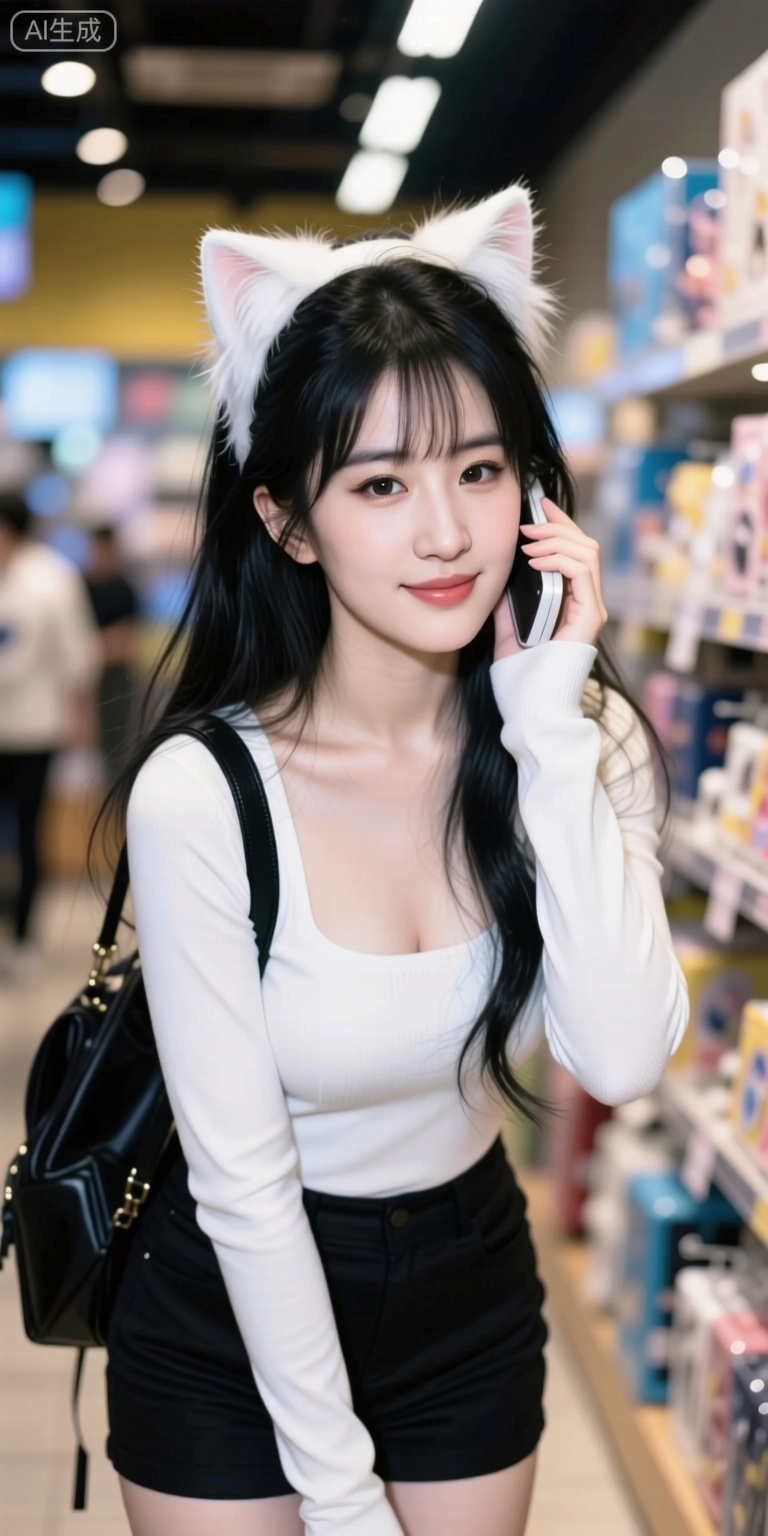 Masterpiece, the best quality, high quality, (colorful) , (huge breasts:1.4),,(black hair:1.331),(long legs:1.331), Official art, depth of field, lighting, blurred background, best shadows, shiny skin, cinematic lighting, ray tracing, amazing, very aesthetics, absurdres, beast quality, detailed, latest, 8K, HDR, masterpiece, best quality, high quality, (color), huge breasts (black hair: 1.331), (long legs: 1.331), ((masterpiece)), (((best quality))), (ultra detailed), (best illustration), ( lighting, best shadows), (extremely delicate and beautiful)), (single ponytail high tied: 1.331), (halo:1331),(blue archive),, overexposed, color, light, fair skin A photo of a young Chinese woman in an anime or peripheral merchandise store: Main character: Appearance and styling: The center of the photo is a young Asian woman. She has long black hair and bangs, most notably her hair wearing a furry, off-white cat ear headdress on her head, which makes her look very cute with a cosplay or role-playing style. Her makeup looks delicate and she looks at the camera with a smile. Positions and expressions: Her posture is natural and relaxed, her body is slightly tilted, and one hand is raised to her cheek, as if imitating a phone call or just a playful pose. Her expression was sweet and friendly. Wearing: She wore a white long-sleeved top with printed patterns on the clothes, unique design, with a hollowed-out design on her shoulders, revealing one side of her shoulders. Black stripes and lace embellishments on the sleeves add to the style. She was carrying a black bag on her shoulder. Background and Environment: Location: She is in a brightly lit shop. Judging from the dazzling array of shelves and products in the background, this is likely to be an animation peripheral store, a trendy toy store or a cultural and creative product store. Product display: The shelves behind her are filled with various products, with exquisite packaging and bright colors. You can see some products related to anime characters such as cards, stands, and dolls. The shelves and merchandise are very neat. Lights and Ambient: The lighting in the store is very bright, with many linear tubes and downlights on the ceiling, creating a warm and modern feel. The color tone of the whole picture is warm, the atmosphere is relaxed and pleasant, full of youthful and popular atmosphere. Summary: This photo captures the moment a stylishly dressed young woman shopping or hanging out in a store full of anime and trendy elements. Her cat ear headdress is the highlight of the overall look, perfectly blending with the surrounding “two-dimensional” or pop culture themes to create a lively, fun and attractive visual effect. The composition of the photo combines the characters with the background well, not only highlighting the charm of the characters, but also showing the characteristics of the environment in which they are located.
