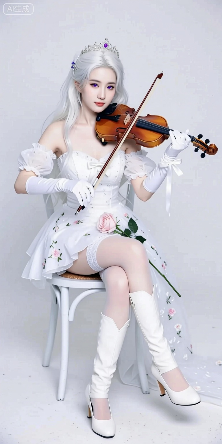 Create a detailed masterpiece with best quality and newest elements using absurdres. Depict a solo 1girl in a white theme, sitting with very long white hair and holding a white dress. She is playing an instrument with a simple background, wearing thighhighs, garter straps, and white footwear. Her long, white hair has a hair ornament, and she has purple eyes and white hair. She holds a violin and bow (music) with gloves, closed mouth, and pink flower. Her attire includes a white leotard, mini skirt, elbow gloves, and high heels. She has bare shoulders, medium breasts, and a mini crown, with detached sleeves and thigh boots. The scene features a white background, a white bow, a rose, ribbon, and a chair. Her pose is elegant, with her hair between her eyes, wide sleeves, and frills. Her skin is pale, and she has a slight smile, showing off her full body photo with super long legs and a floral print. The aesthetic is monochrome with a touch of color, emphasizing the white theme and creating an ethereal, serene emotional atmosphere.