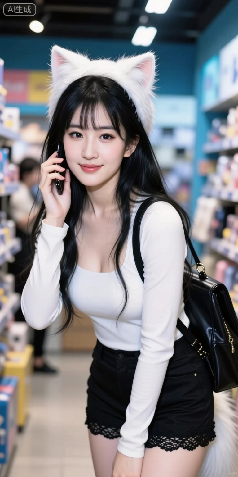 Masterpiece, the best quality, high quality, (colorful) , (huge breasts:1.4),,(black hair:1.331),(long legs:1.331), Official art, depth of field, lighting, blurred background, best shadows, shiny skin, cinematic lighting, ray tracing, amazing, very aesthetics, absurdres, beast quality, detailed, latest, 8K, HDR, masterpiece, best quality, high quality, (color), huge breasts (black hair: 1.331), (long legs: 1.331), ((masterpiece)), (((best quality))), (ultra detailed), (best illustration), ( lighting, best shadows), (extremely delicate and beautiful)), (single ponytail high tied: 1.331), (halo:1331),(blue archive),, overexposed, color, light, fair skin A photo of a young Chinese woman in an anime or peripheral merchandise store: Main character: Appearance and styling: The center of the photo is a young Asian woman. She has long black hair and bangs, most notably her hair wearing a furry, off-white cat ear headdress on her head, which makes her look very cute with a cosplay or role-playing style. Her makeup looks delicate and she looks at the camera with a smile. Positions and expressions: Her posture is natural and relaxed, her body is slightly tilted, and one hand is raised to her cheek, as if imitating a phone call or just a playful pose. Her expression was sweet and friendly. Wearing: She wore a white long-sleeved top with printed patterns on the clothes, unique design, with a hollowed-out design on her shoulders, revealing one side of her shoulders. Black stripes and lace embellishments on the sleeves add to the style. She was carrying a black bag on her shoulder. Background and Environment: Location: She is in a brightly lit shop. Judging from the dazzling array of shelves and products in the background, this is likely to be an animation peripheral store, a trendy toy store or a cultural and creative product store. Product display: The shelves behind her are filled with various products, with exquisite packaging and bright colors. You can see some products related to anime characters such as cards, stands, and dolls. The shelves and merchandise are very neat. Lights and Ambient: The lighting in the store is very bright, with many linear tubes and downlights on the ceiling, creating a warm and modern feel. The color tone of the whole picture is warm, the atmosphere is relaxed and pleasant, full of youthful and popular atmosphere. Summary: This photo captures the moment a stylishly dressed young woman shopping or hanging out in a store full of anime and trendy elements. Her cat ear headdress is the highlight of the overall look, perfectly blending with the surrounding “two-dimensional” or pop culture themes to create a lively, fun and attractive visual effect. The composition of the photo combines the characters with the background well, not only highlighting the charm of the characters, but also showing the characteristics of the environment in which they are located.