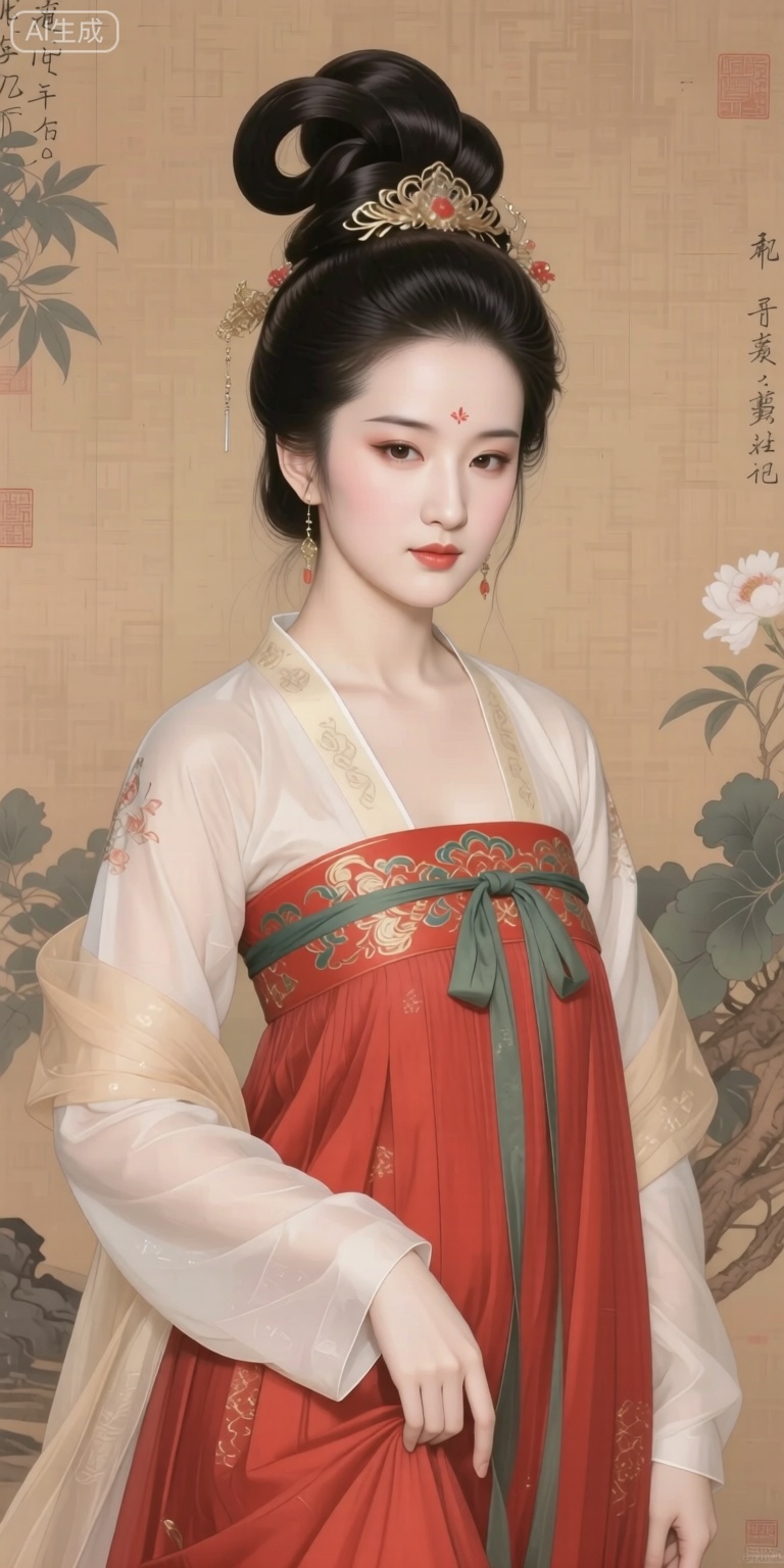 Create a hand-painted portrait of Princess Nanyang, the Sui Dynasty princess, capturing her unique charm as a royal sister and beauty. The painting should feature her in a crimson skirt, with an exaggerated updo and a towering bun, making her appear bright, elegant, classical, and dignified. Incorporate Sui Dynasty elements into her clothing, giving it a distinct and unique style that reflects the richness of the era. Ensure her upper body fills the entire screen, showcasing her fair and shiny skin, and creating a sense of pure and classical beauty. The composition should evoke a strong Chinese style atmosphere, emphasizing the elegance and grace of the Sui Dynasty.