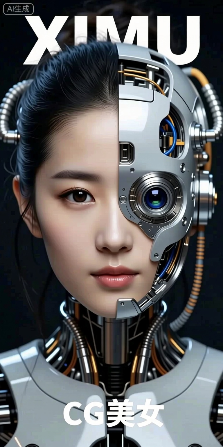 Create an image depicting a highly detailed and artistic humanoid robot. The robot's face is split into two halves, with one side resembling a human face and the other side resembling a mechanical, metallic face. The left side of the robot's face features natural human features such as smooth skin, dark hair, and expressive eyes. The right side of the robot's face is more industrial, with metallic components, exposed wiring, and a camera lens integrated into the design. The robot's eyes are striking, with one eye appearing to be natural and the other being a mechanical lens. The overall aesthetic combines elements of human and machine, creating a visually striking and futuristic image. At the top, write "XIMU." Below the image, add "CG美女."
