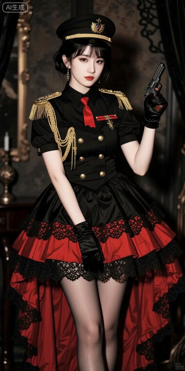 Create a perfect quality, high-quality masterpiece that is absolutely eye-catching. Incorporate ambient occlusion and ray tracing for the best quality and amazing visual effects. The scene should have a very aesthetic feel with a dark, gothic atmosphere. Use techniques like absurdres and Cinematic Lighting to enhance the depth of field and overall composition.

From behind, capture a solo 1girl with short, slicked-back hair in a black and gold theme. She wears a gothic lolita dress or a black military officer uniform top, with elements of a black sundress with collar, black multi-layered skirt with red ruffles, and a black peaked cap. Add details like short sleeves with bishop-sleeves, gold epaulettes, gold Aiguillettes, black gloves, and a double-breasted dress. Embellish with lace and exquisite gold embroidery.

Break this with a red theme, including a red tie and red lines on the dress. Position her with crossed legs and a finger gun pose. Ensure vibrant, beautiful, and painterly details with high heels and skinny, super long legs. Use watercolor painting techniques to add a soft, artistic touch. Capture the full body photo, focusing on the mini skirt and highlighting the depth and texture of the materials.