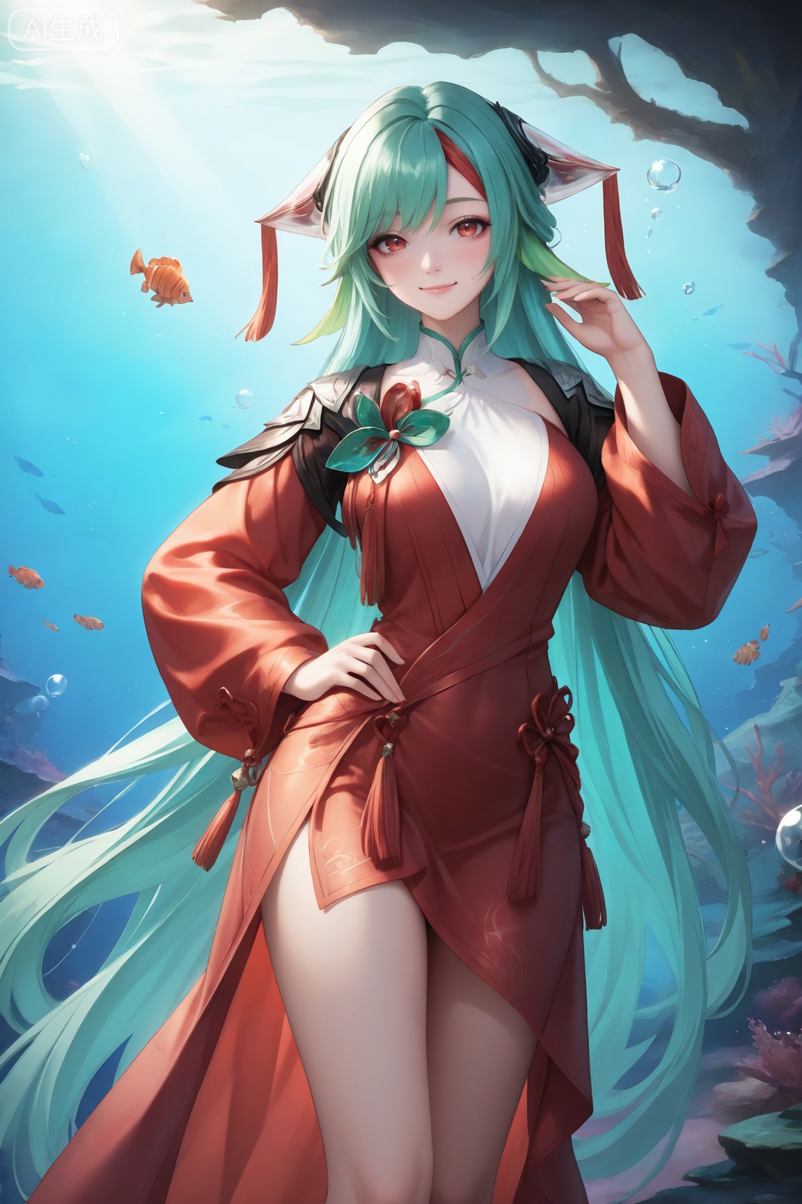 1girl, solo, long hair, breasts, looking at viewer, smile, bangs, red eyes, long sleeves, dress, animal ears, very long hair, closed mouth, standing, multicolored hair, green hair, hand up, hand on hip, red dress, tassel, fish, bubble, underwater, air bubble,
masterpiece,best quality,amazing quality,very aesthetic,ultra-detailed,high resolution,8k,