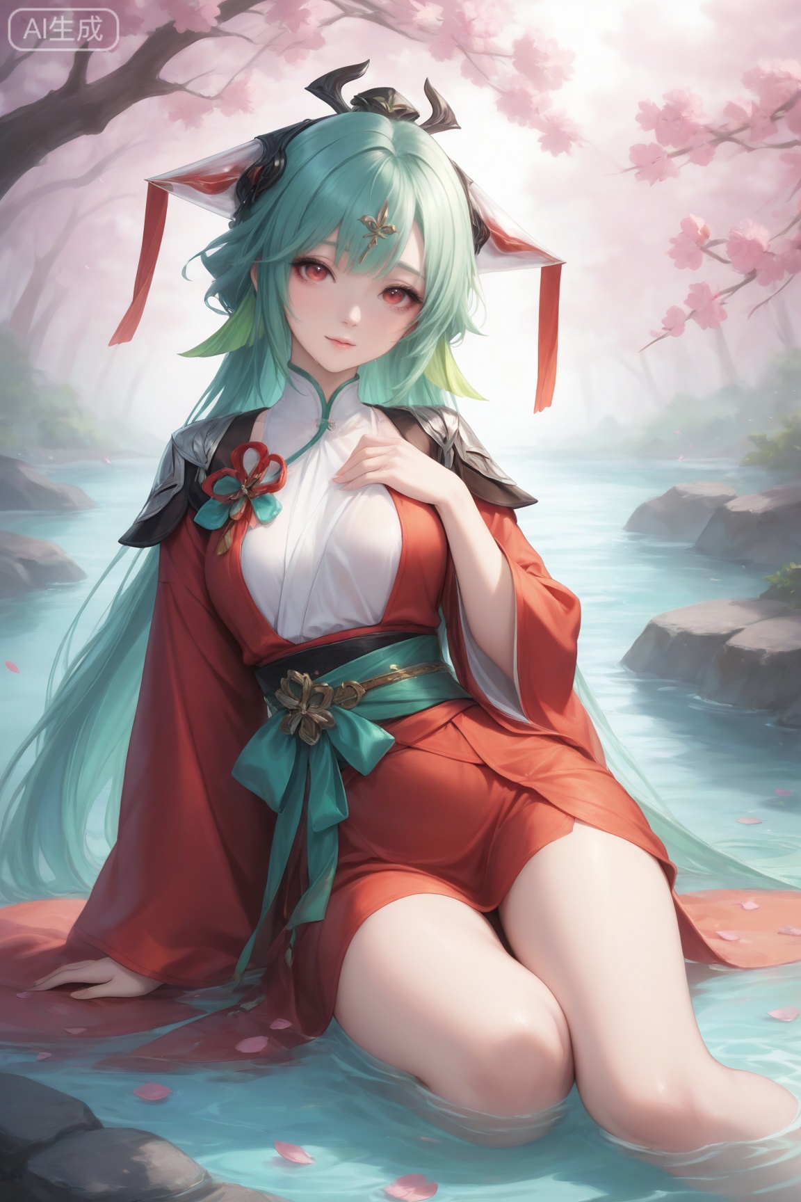 1girl, solo, long hair, looking at viewer, bangs, hair ornament, red eyes, long sleeves, sitting, very long hair, flower, outdoors, green hair, wide sleeves, water, sash, petals, cherry blossoms,
masterpiece,best quality,amazing quality,very aesthetic,ultra-detailed,high resolution,8k,