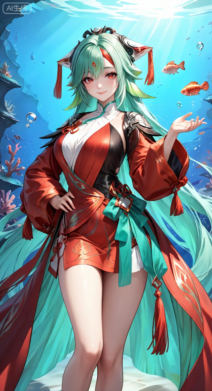1girl, solo, long hair, breasts, looking at viewer, smile, bangs, red eyes, long sleeves, dress, animal ears, very long hair, closed mouth, standing, multicolored hair, green hair, hand up, hand on hip, red dress, tassel, fish, bubble, underwater, air bubble,
masterpiece,best quality,amazing quality,very aesthetic,ultra-detailed,high resolution,8k,