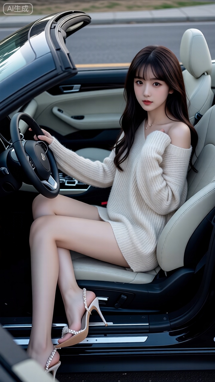 这张图片展示了一位坐在敞篷车内的女性。她穿着一件浅色毛衣,搭配高跟鞋,显得优雅而时尚。她的头发披散在肩上,表情自然,目光直视镜头。汽车内饰为浅色皮革,方向盘和座椅的设计显得非常精致。