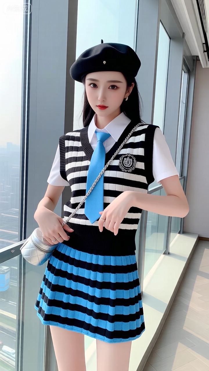 这张图片展示了一位穿着时尚的女性。她身穿黑白条纹的针织背心,内搭白色衬衫,并系着蓝色领带。她的背心上有一个装饰性的徽章,显得非常精致。她搭配了一条蓝色和黑色条纹相间的短裙,整体造型非常协调。她头戴一顶黑色贝雷帽,增添了时尚感。她的左手拿着一个银色的链条小包,右手自然垂下,手背上戴着一个戒指。背景是一个现代化的室内环境,有大窗户透进自然光,使整个画面显得明亮而清新。