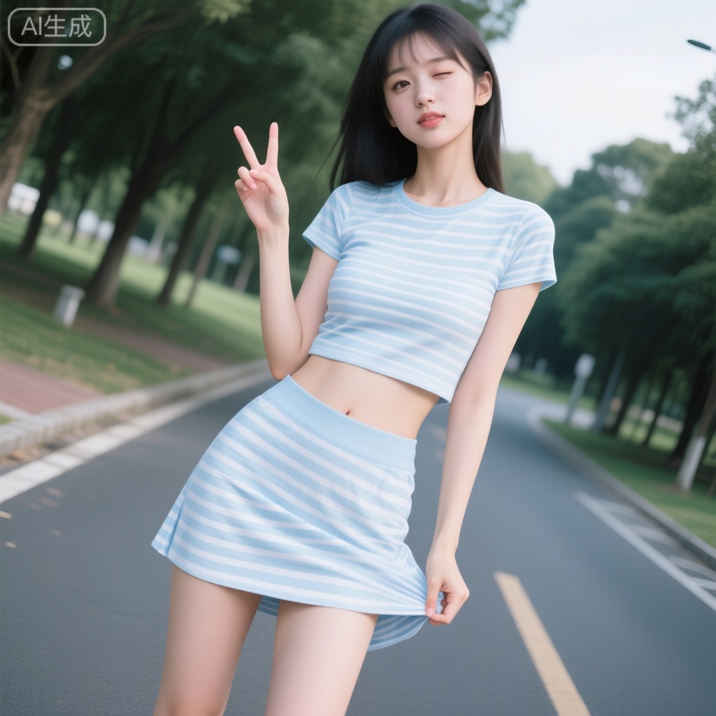正常的皮肤纹理,高分辨率摄影,卡哇伊的冷艳女孩,身形修长,全身入镜,特写景别（聚焦身体曲线),固定仰拍镜头（静态视角,垂直向上拍摄),女孩穿浅蓝条纹上衣,短裙,左眼眨眼,一手比耶,一只手掀起裙子,背景是公园的马路上,