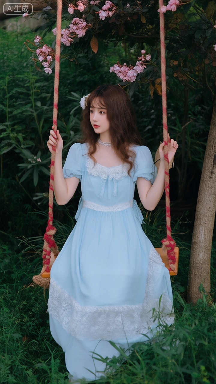 这张图片展示了一位坐在秋千上的年轻女性。她穿着一件浅蓝色的连衣裙,裙子上装饰有白色蕾丝边。她的头发是棕色的,披散在肩上,头上戴着一朵白色的花饰。秋千的绳子是棕色的,上面有红色的绑带。
背景是一片绿色的植物,其中有一些开满粉色花朵的植物,增添了画面的自然和浪漫氛围。整体色调柔和,给人一种宁静和温馨的感觉。