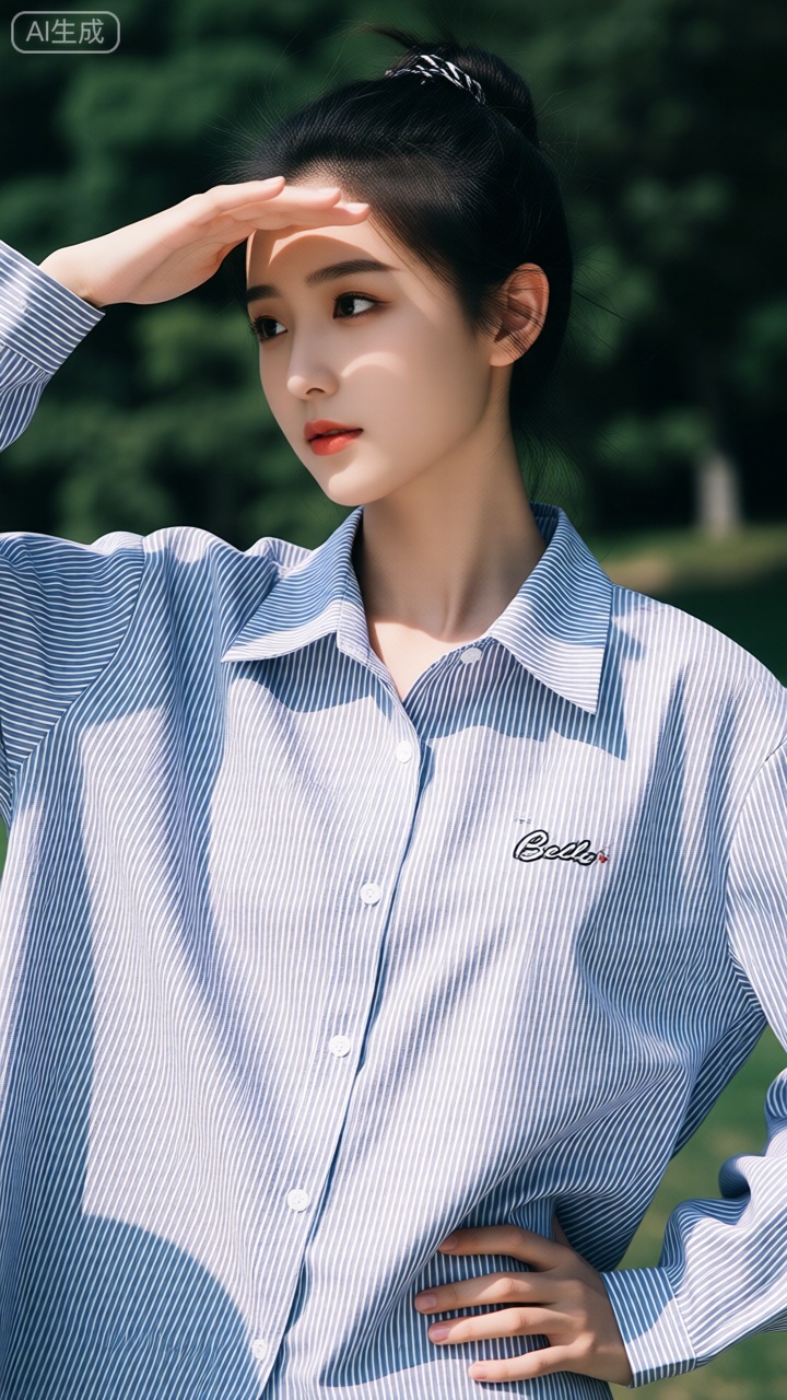 这张图片展示了一位身穿蓝白条纹衬衫的年轻女性。她站在户外,背景是绿色的植物,阳光明媚。她的头发梳成一个高高的发髻,用发带固定住。她用一只手遮住额头,似乎在眺望远方,另一只手放在腰上,显得自信而自然。衬衫的左胸口处有一个刺绣的图案,上面写着“Bella”。整体画面给人一种清新自然的感觉,光线柔和,色调温暖。