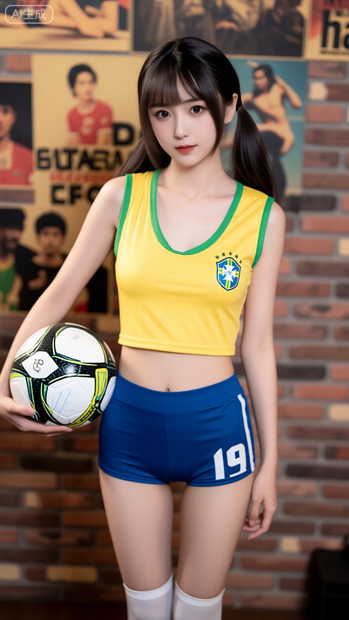 这张图片展示了一位身穿巴西足球队队服的女性。她穿着黄色和绿色相间的无袖运动上衣和蓝色短裤,脚上穿着白色长袜。她手里拿着一个足球,背景是一面砖墙,上面挂着多面海报。整体氛围充满了体育和国际交流的感觉。