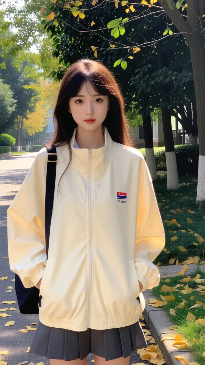 这张图片展示了一位站在户外的年轻女性。她穿着一件浅黄色的拉链夹克,夹克上有一个带有红色和蓝色条纹的标志,标志上有一个小国旗图案,并且写着“Mugen”。她搭配了一条深灰色的百褶裙,肩上背着一个黑色的斜挎包。背景是一条绿树成荫的小路,树叶呈现出秋天的颜色,地上也散落着一些黄色的落叶。整体氛围显得非常清新自然。