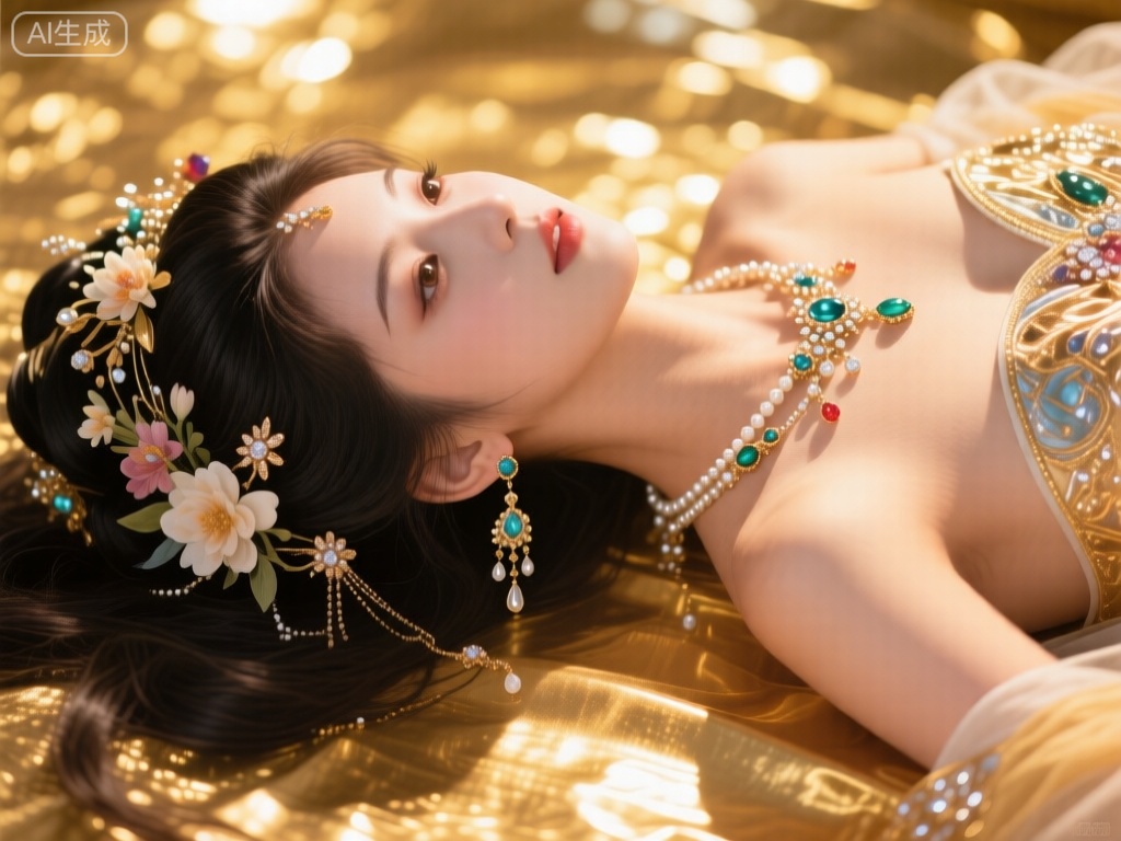 这张图片展示了一位身着华丽珠宝的女子,她躺在金色的背景上。她的头发被精心装饰,佩戴着各种珠宝和花朵,包括耳环、项链和头饰。背景呈现出金色和白色的光影效果,营造出一种梦幻和神秘的氛围。整体画面充满了艺术感和细腻的细节,给人一种优雅和奢华的感觉。