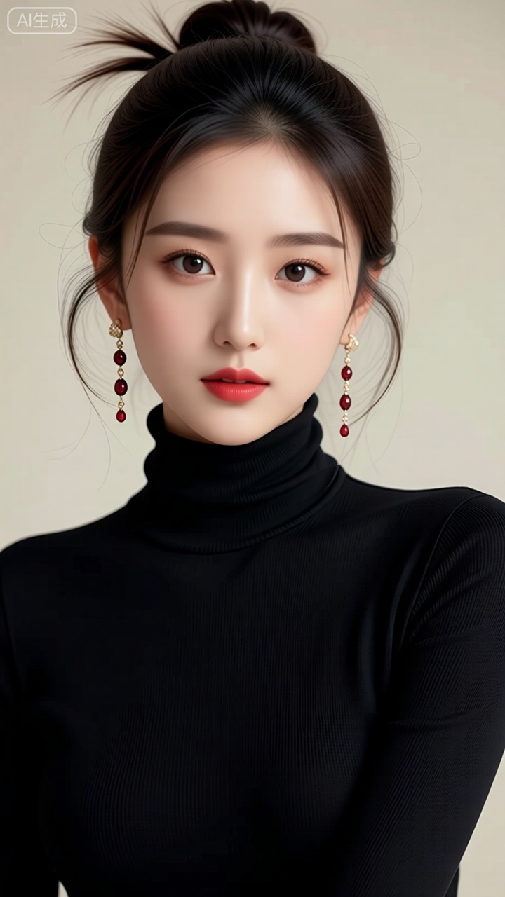这是一幅精美的写真,描绘了一位年轻女性。她拥有深色的头发,梳成了一个高高的发髻,部分头发垂在脸颊两侧。她的耳朵上戴着一对长款的耳环,耳环由多个小巧的红色宝石组成,与她的红色口红相呼应。她穿着一件黑色的高领上衣,衣领紧贴颈部,显得非常简洁和优雅。背景是浅色的,没有明显的装饰,使得人物更加突出。整体画面给人一种高雅、精致的感觉,人物的妆容和服饰搭配得当,展现了她的美丽和优雅。