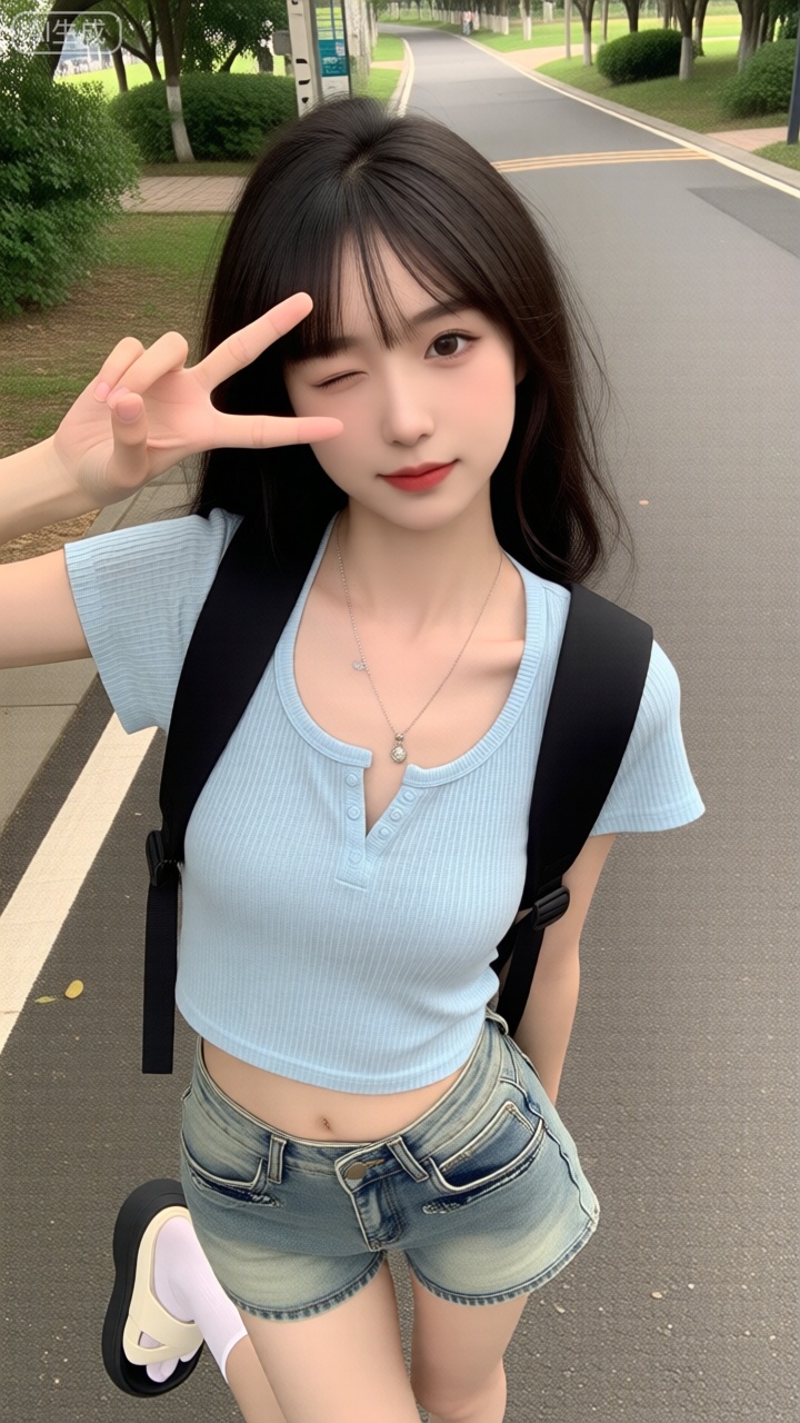 这张图片展示了一位年轻女性站在一条柏油路上。她穿着浅蓝色的短袖上衣和浅色牛仔短裤,脚上穿着一双白色凉鞋。她背着一个黑色的双肩包,脖子上戴着一条细链项链,项链上挂着一个吊坠。她的头发是深色的,披散在肩上。她用右手比出一个“V”字手势,眼睛微闭,面带微笑。背景是一条铺有绿化的小路,路旁有树木和草地。