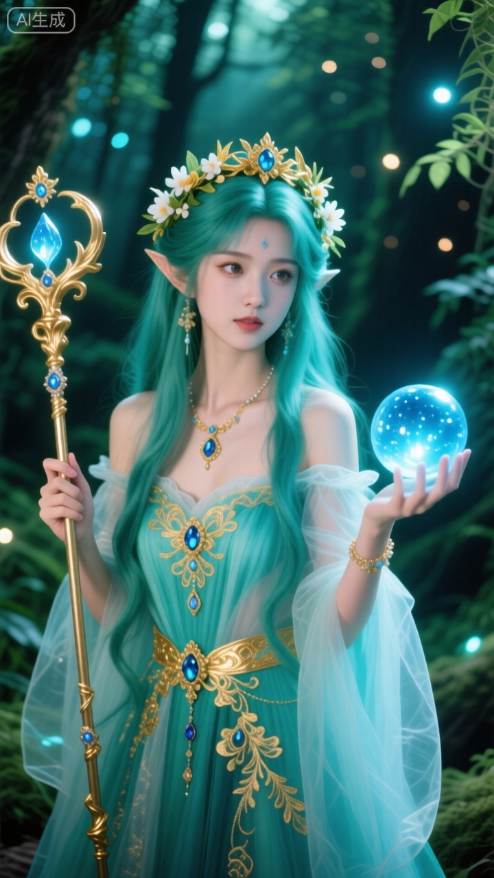 这张图片展示了一位超凡脱俗的女性,她拥有蓝绿色的长发和蓝绿色的服饰,整体造型非常梦幻和神秘。她头戴金色花环,身穿薄纱般的服饰,上面装饰着金色的刺绣和宝石。她的左手持有一根装饰华丽的权杖,右手则握着一个发光的蓝色球体。背景是一个充满绿植和光点的小森林,营造出一种神秘而宁静的氛围。整体画面充满了奇幻和魔法的气息,仿佛置身于一个童话世界。