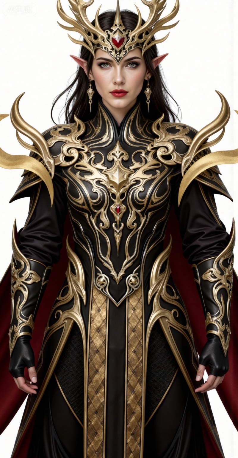 long hair,pointy ears,jewelry,earrings,black hair,red lips,crown, solo, 1girl, gloves, armor, fingerless gloves, black gloves, standing,meidusha,from_view,

