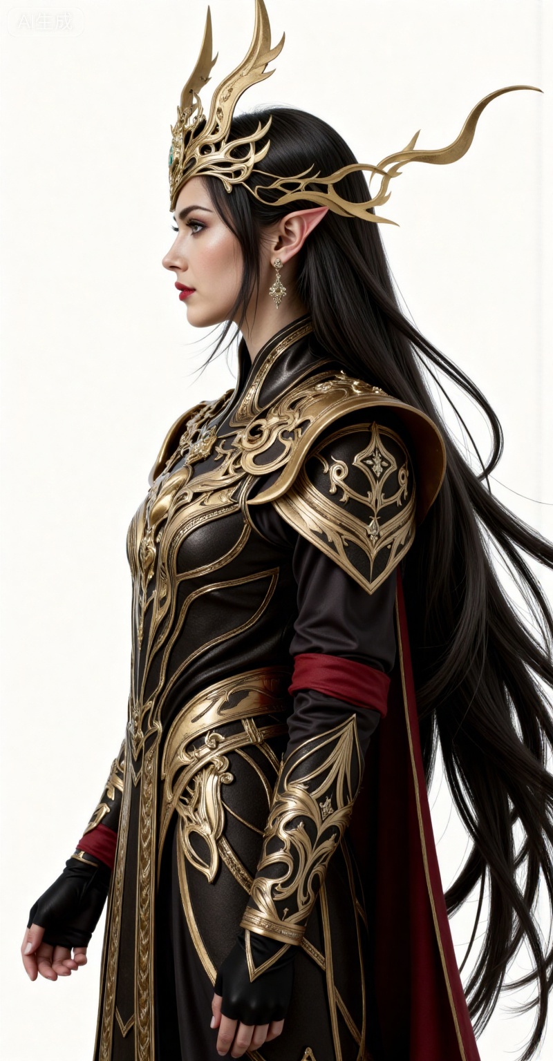 long hair,pointy ears,jewelry,earrings,black hair,red lips,crown, solo, 1girl, gloves, armor, fingerless gloves, black gloves, standing,meidusha,from_side,上半身,

