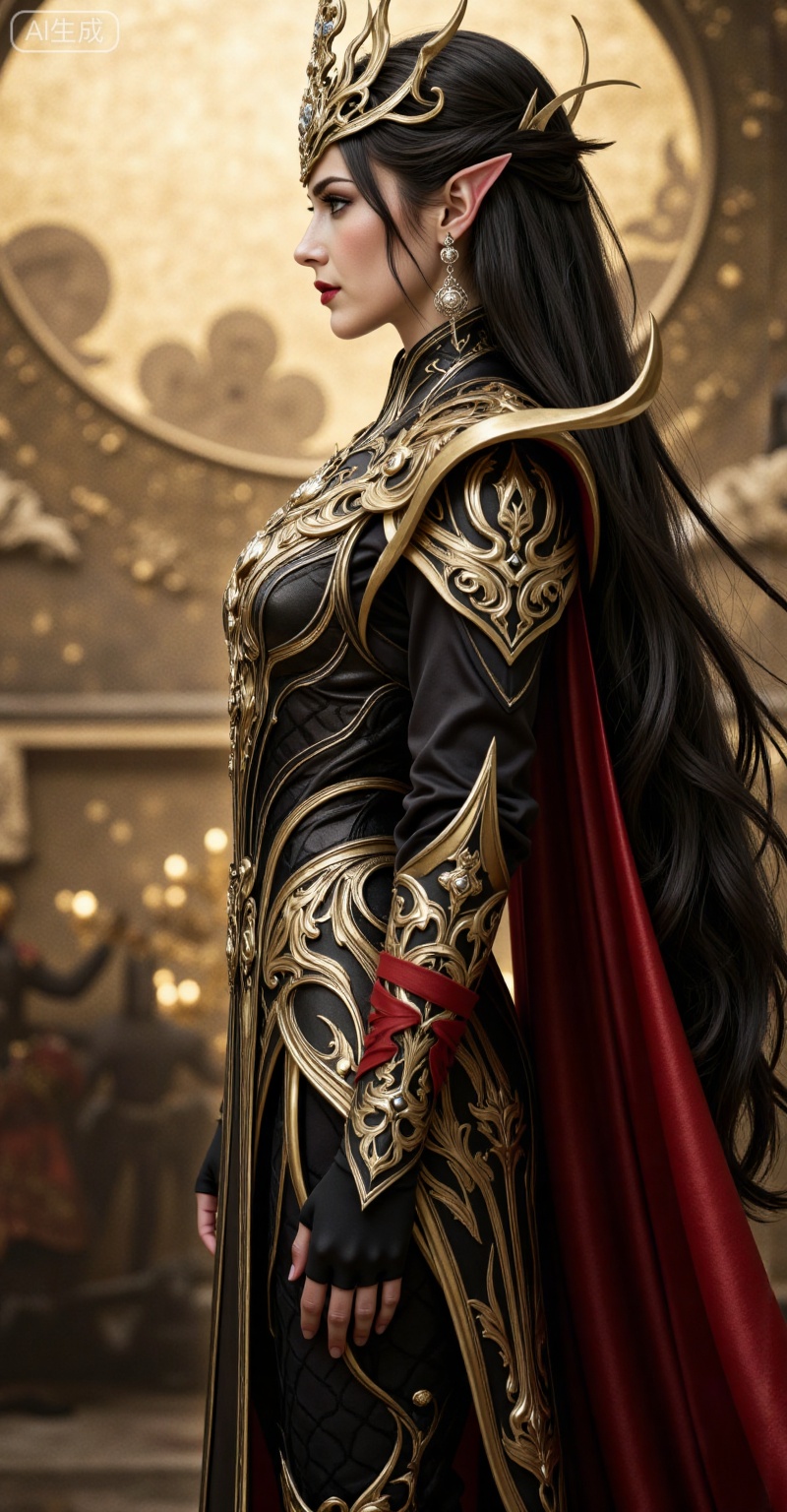 long hair,pointy ears,jewelry,earrings,black hair,red lips,crown, solo, 1girl, gloves, armor, fingerless gloves, black gloves, standing,meidusha,from_side,上半身,

